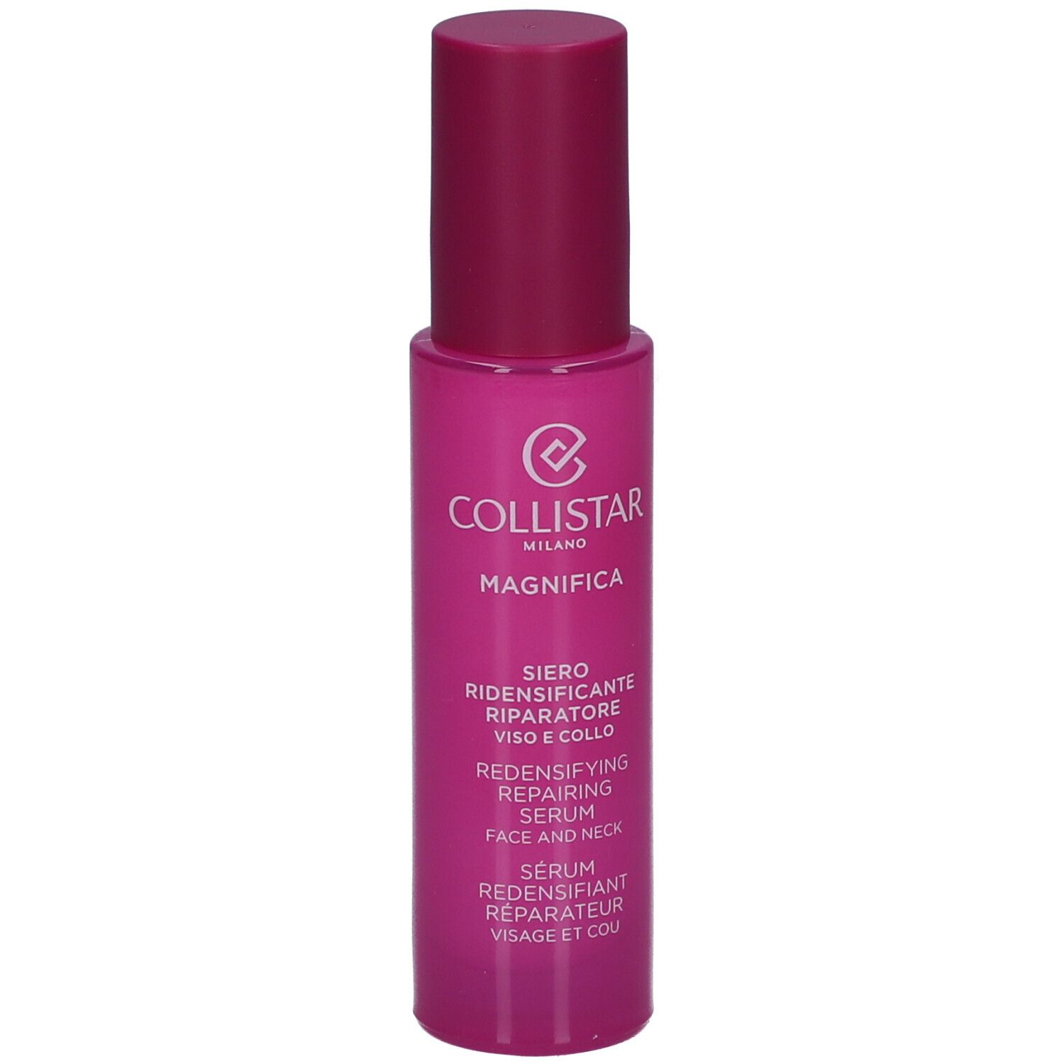 Flacone di siero rosa. Testo: Collistar, Magnifica, Siero, Redensifying Repairing Serum, 30ml.