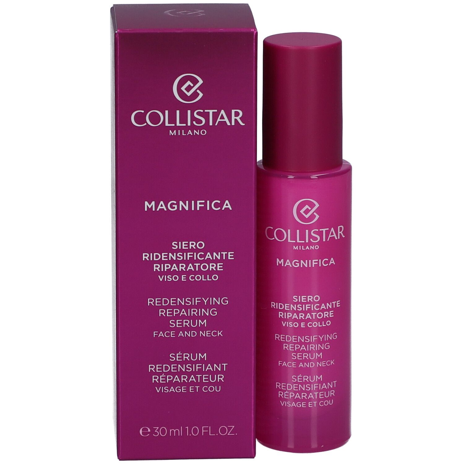 Confezione e flacone. Testo: Collistar, Magnifica, Siero, Redensifying Repairing Serum, 30ml.