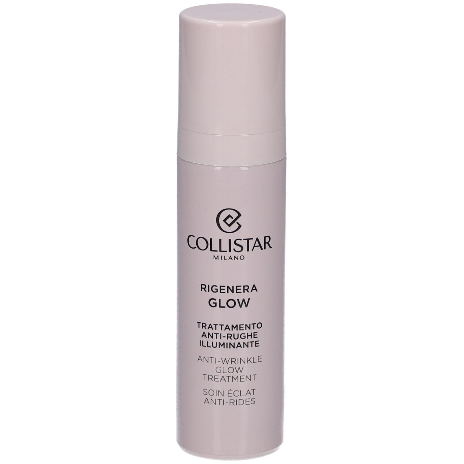 Flacone beige con tappo. Scritta: Collistar Milano, Rigenera Glow, Anti-Wrinkle Glow Treatment.