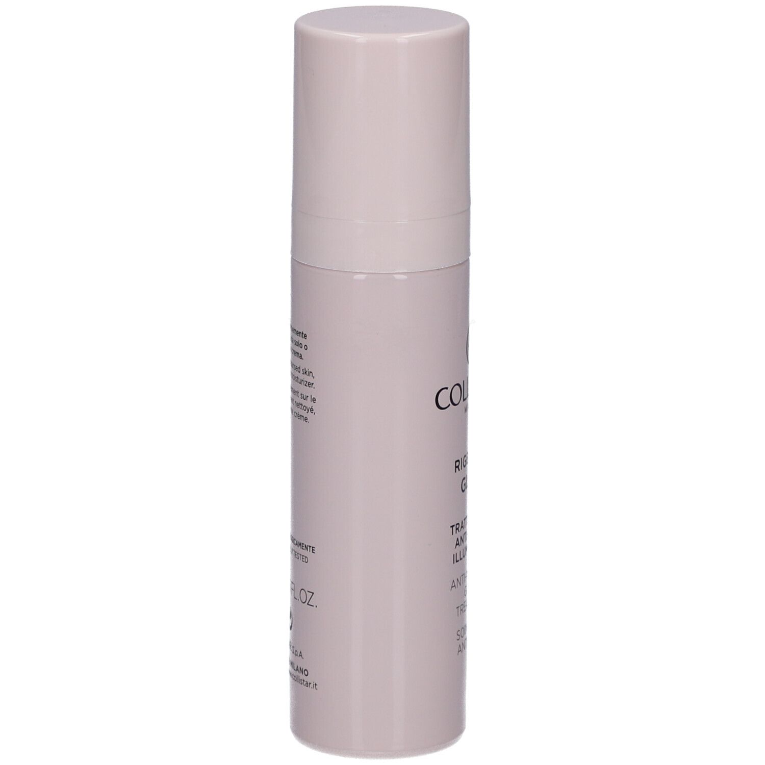 Flacone beige con tappo. Scritta: Collistar Milano, Rigenera Glow, Anti-Wrinkle Glow Treatment.