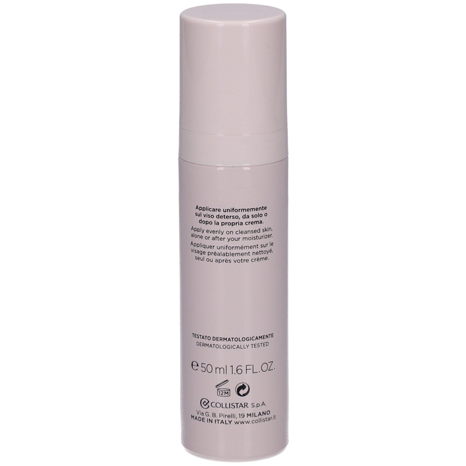 Flacone beige con tappo. Scritta: Collistar Milano, Rigenera Glow, Anti-Wrinkle Glow Treatment.