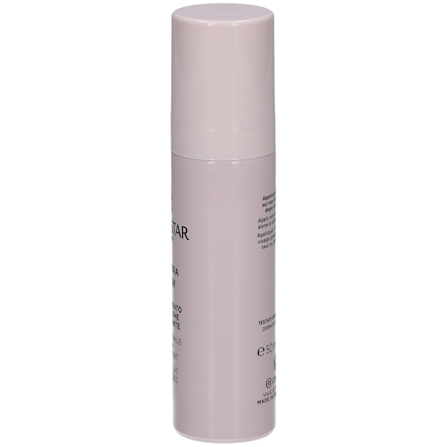 Flacone beige con tappo. Scritta: Collistar Milano, Rigenera Glow, Anti-Wrinkle Glow Treatment.