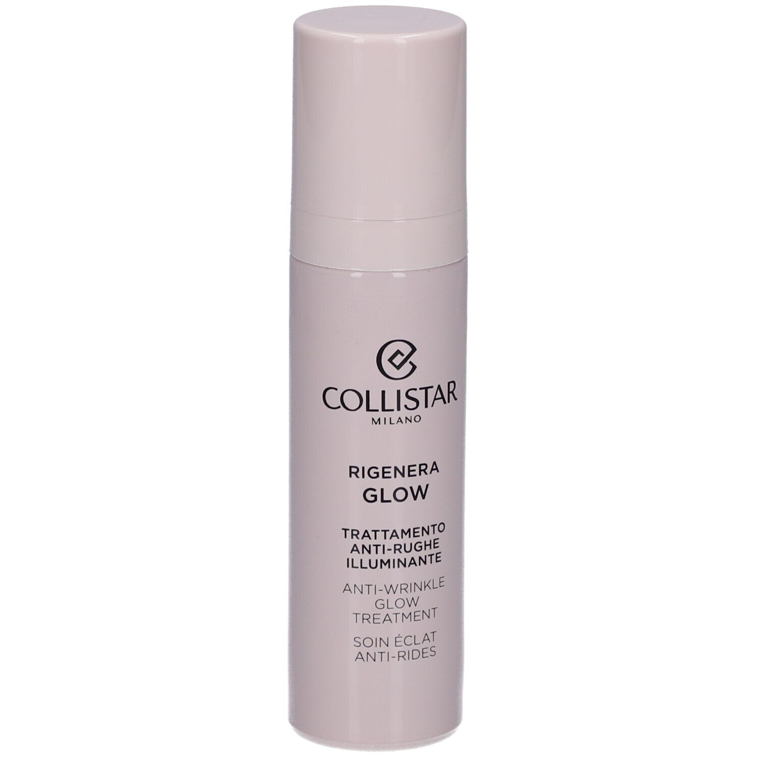 Flacone beige con tappo. Scritta: Collistar Milano, Rigenera Glow, Anti-Wrinkle Glow Treatment.