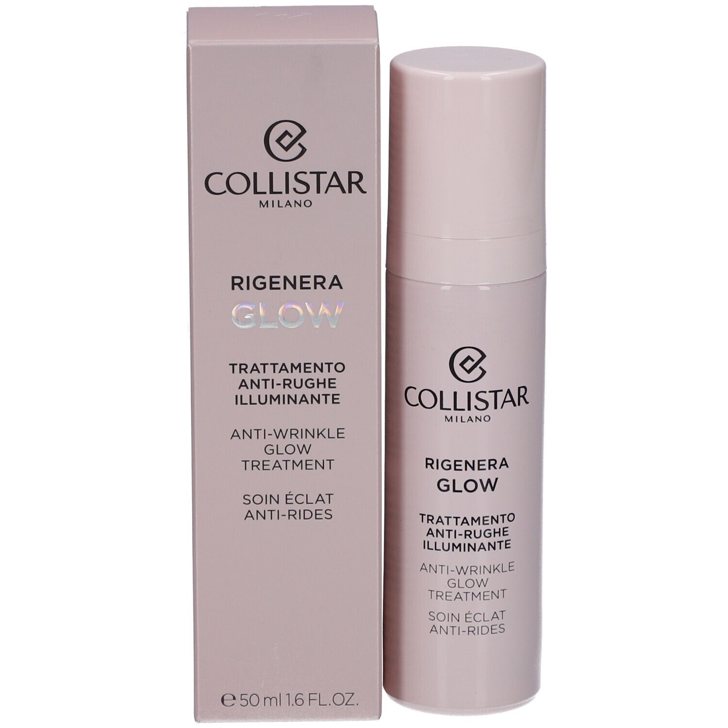 Confezione e flacone. Scritta: Collistar Milano, Rigenera Glow, Anti-Wrinkle Glow Treatment.
