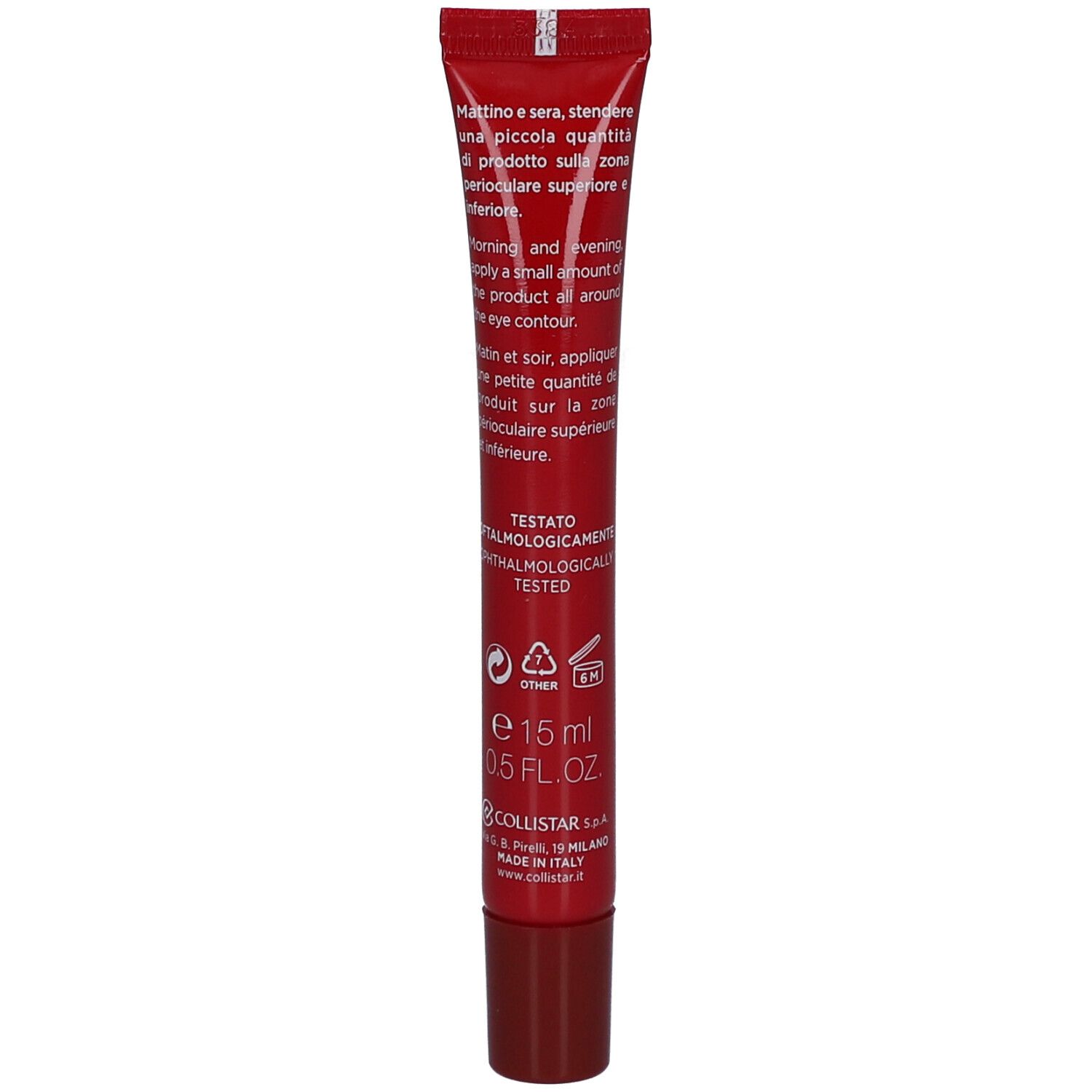 Retro del tubo rosso. Testi multilingue. 15 ml, 0.5 FL.OZ. Collistar Milano. Testato. Made in Italy.
