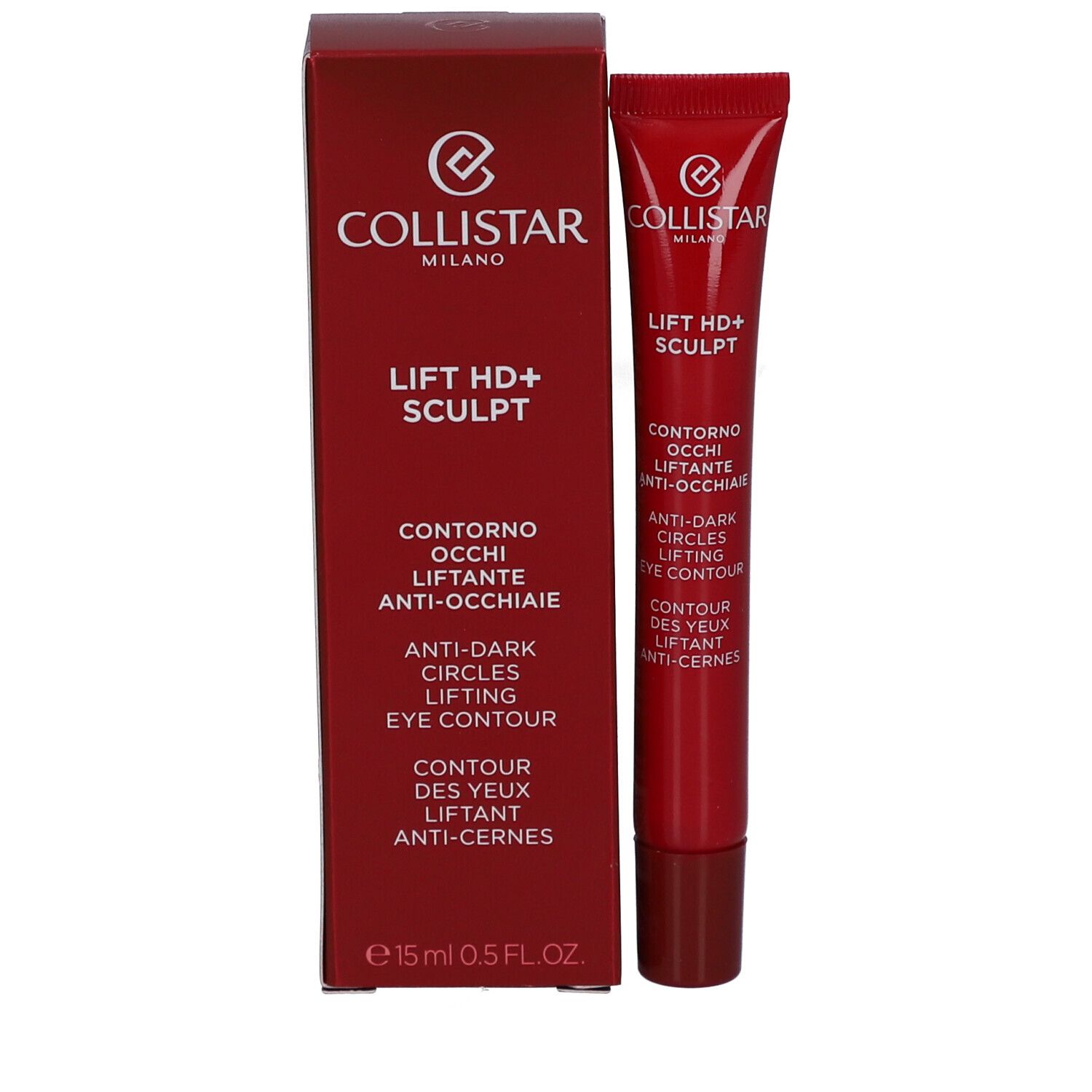 Confezione prodotto con tubo. Scatola e tubo rossi. Collistar Milano, Lift HD+ Sculpt, Contorno Occhi, Anti-Occhiaie, Anti-Dark Circles.