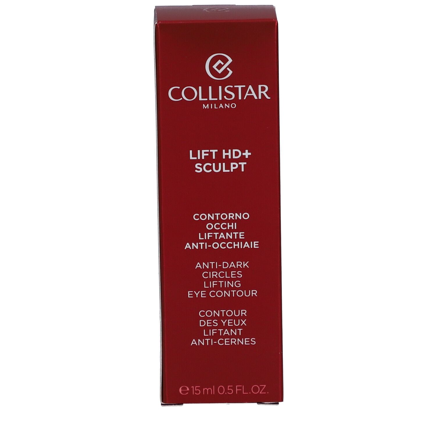 Scatola rossa. Collistar Milano, Lift HD+ Sculpt, Contorno Occhi, Anti-Occhiaie, Anti-Dark Circles, Lifting Eye Contour. 15 ml, 0.5 FL.OZ.