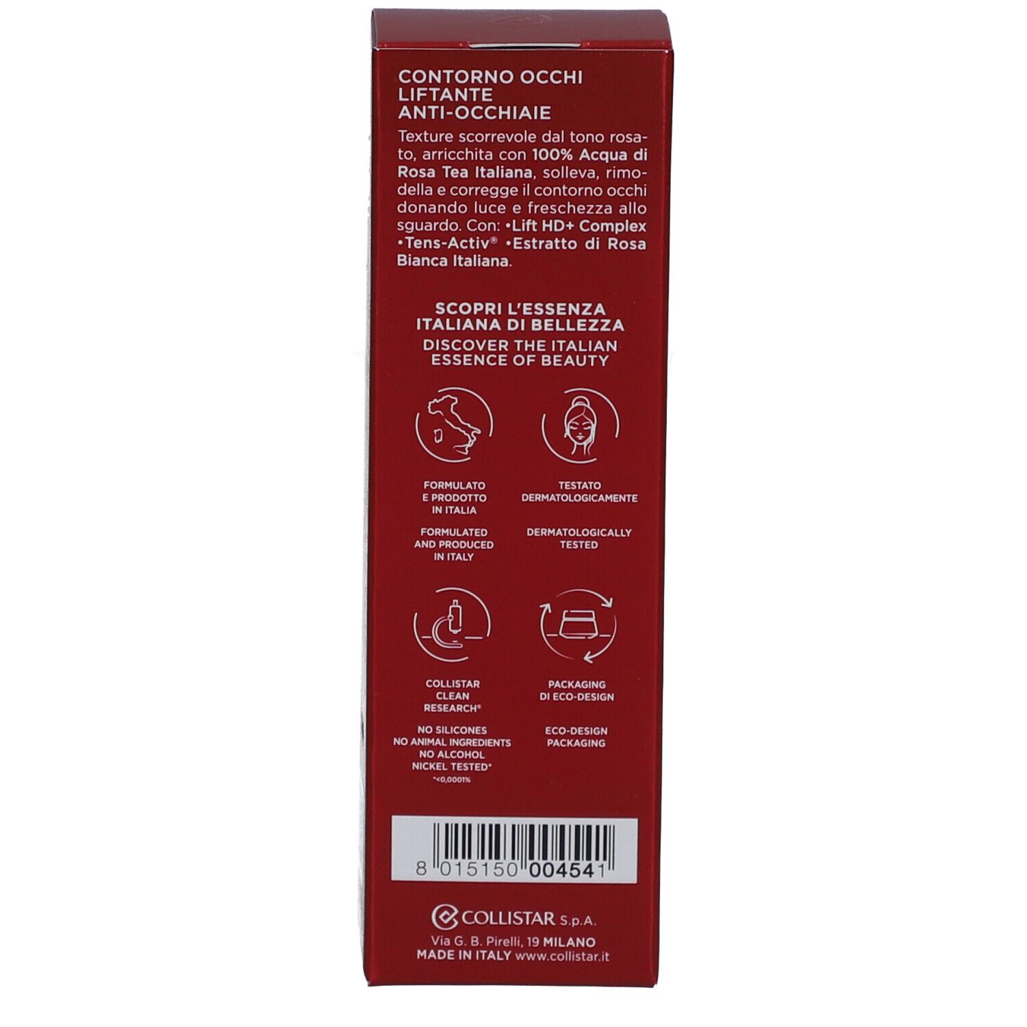 Retro della scatola. Testi multilingue. Ingredienti, applicazione. Testato. Packaging eco-design.