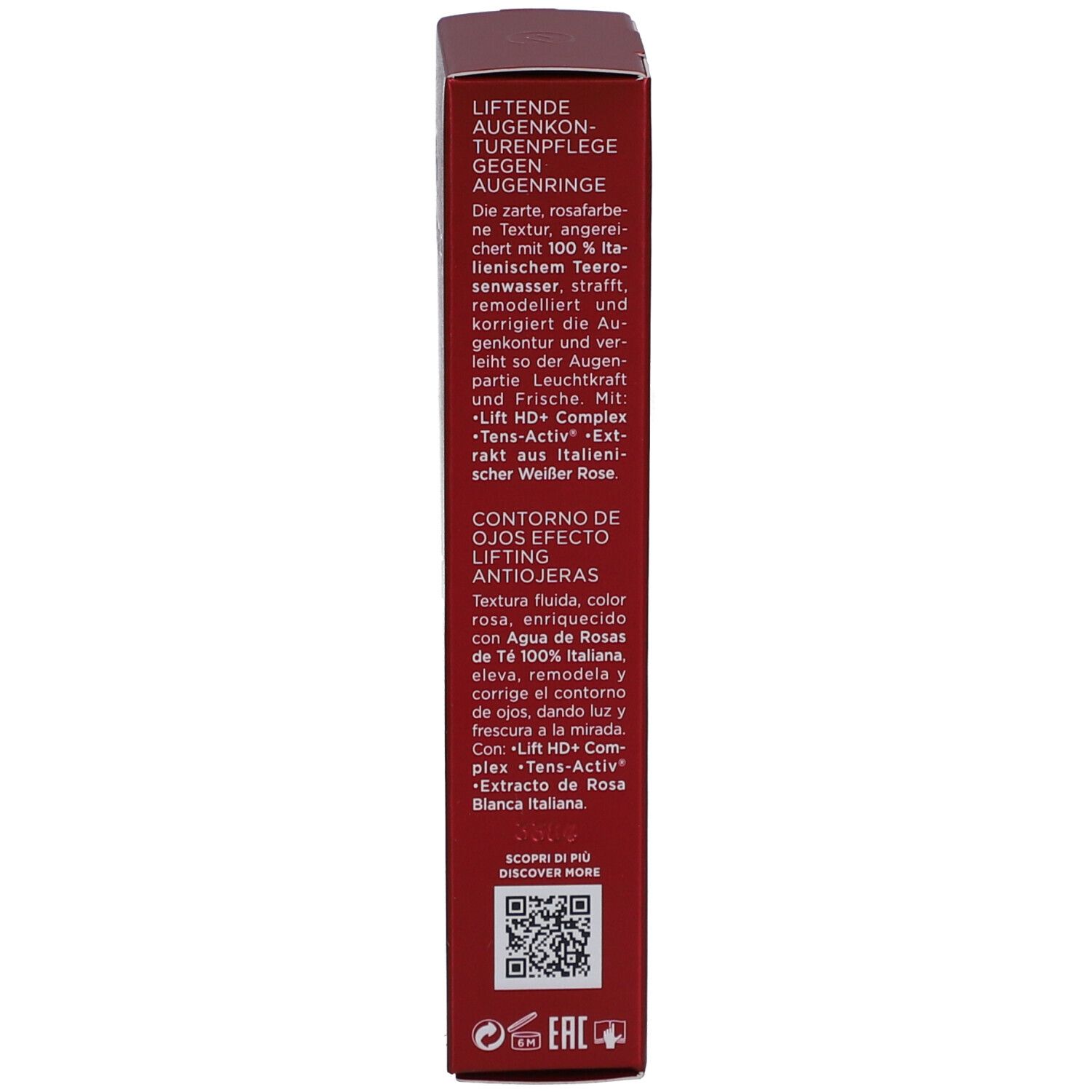 Retro della scatola. Testi multilingue. Ingredienti, applicazione. Testato. Packaging eco-design.