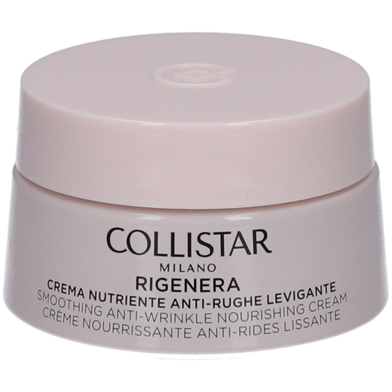 Vasetto di crema rosa con coperchio. Scritta: Collistar Milano, Rigenera, crema. Aspetto liscio.