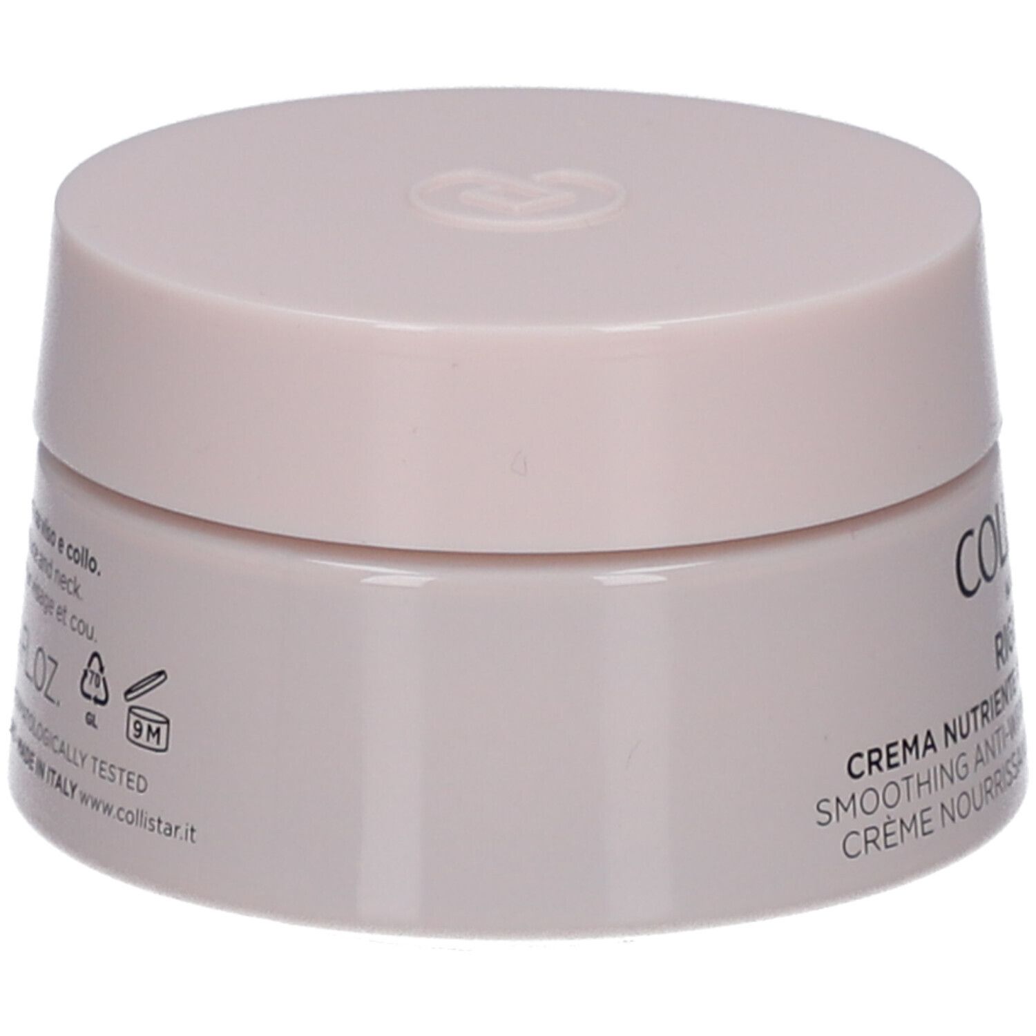 Vasetto di crema rosa. Scritta: Collistar Milano, Rigenera, crema. Retro con testo e simboli.