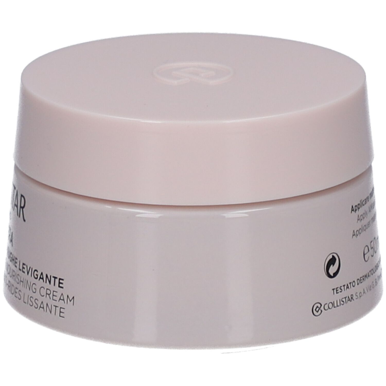 Vasetto di crema rosa. Scritta: Collistar Milano, Rigenera, crema. Retro con testo e simboli.