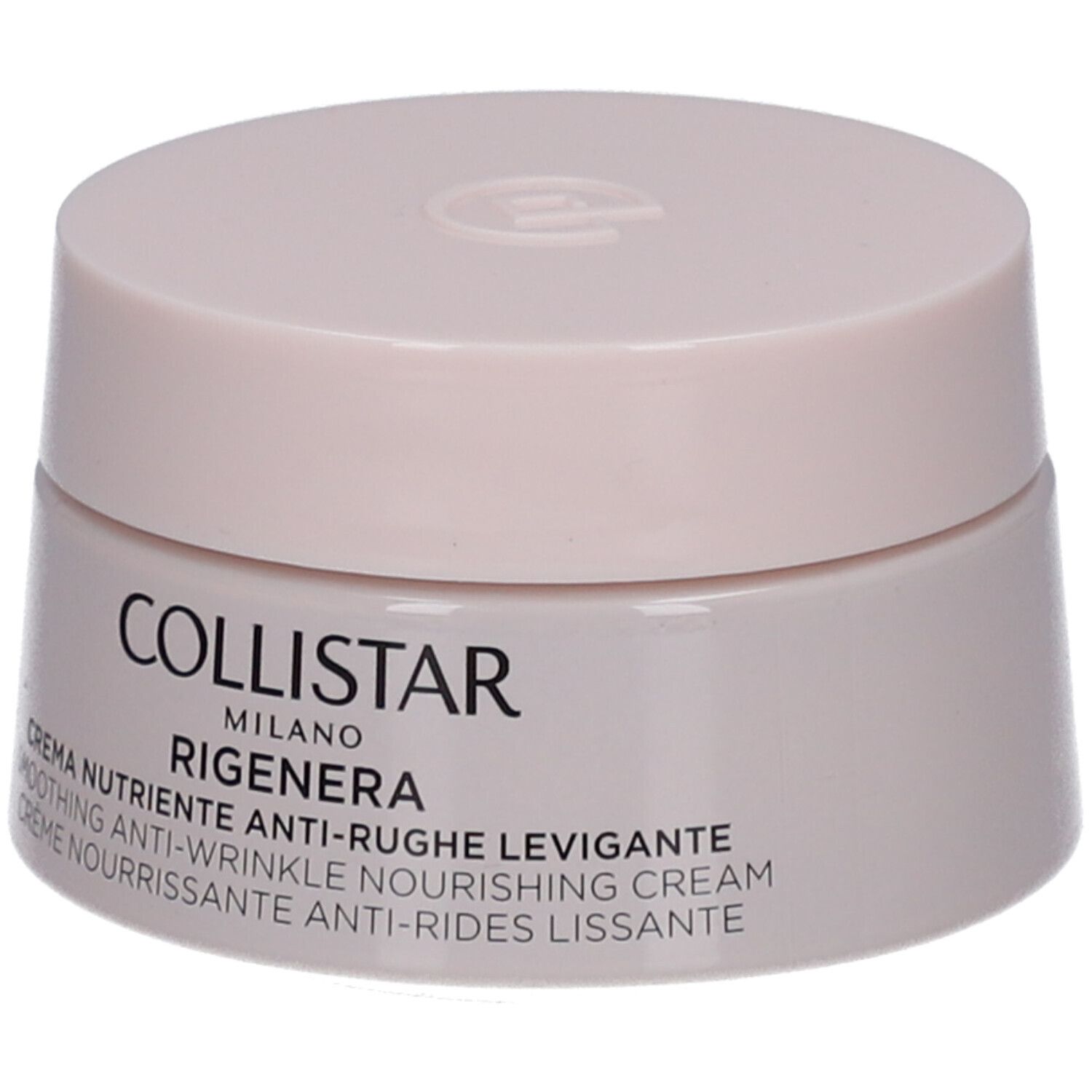 Vasetto di crema rosa. Scritta: Collistar Milano, Rigenera, crema. Fronte con testo.
