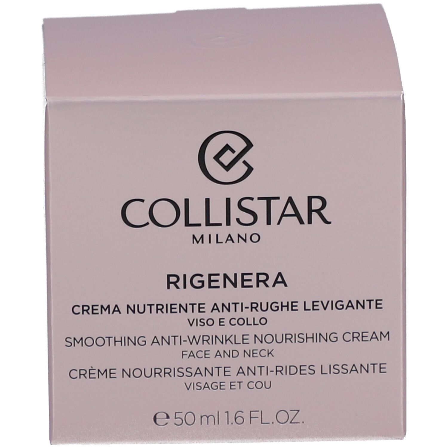 Scatola, rosa. Scritta: Collistar Milano, Rigenera, crema. Testo e logo.