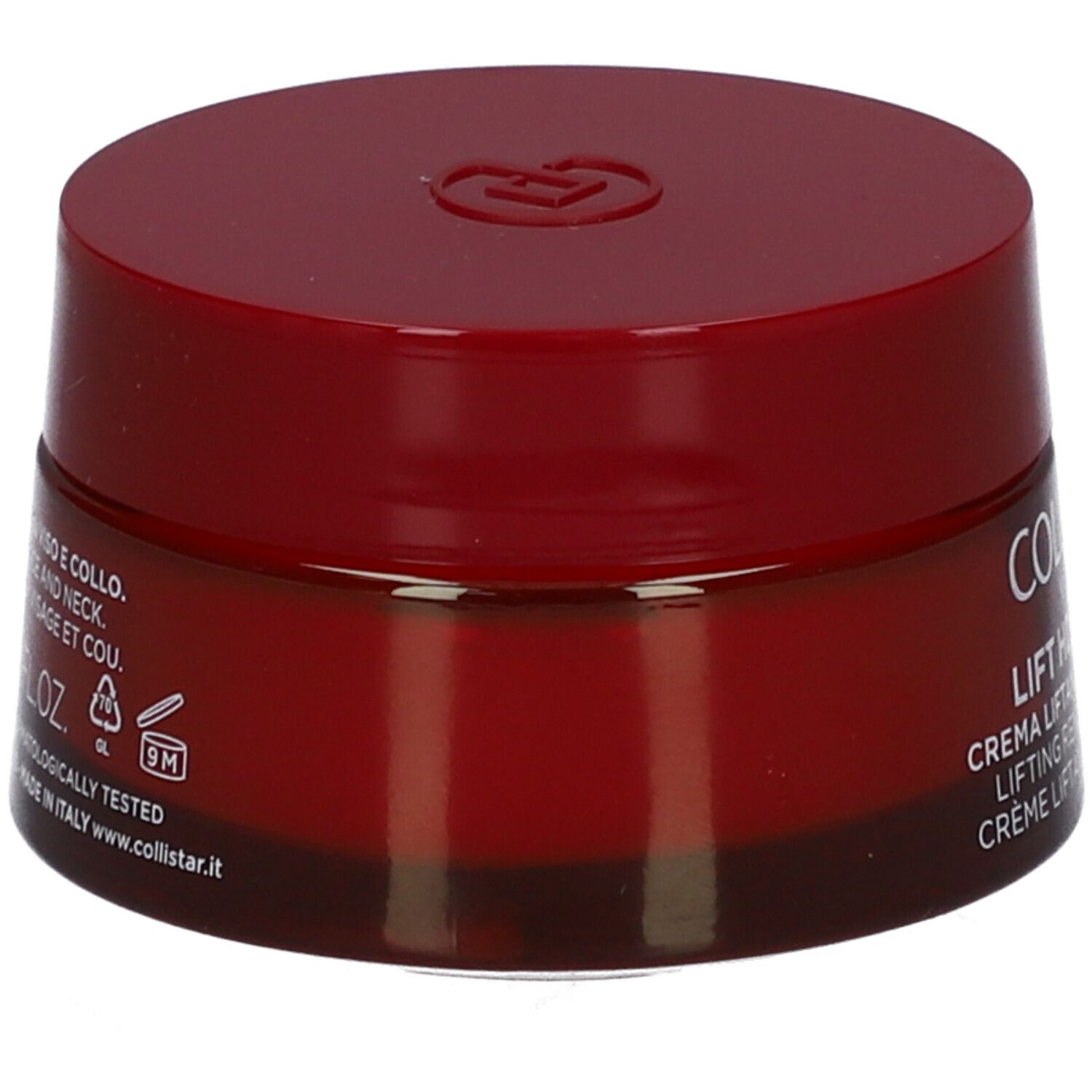 Vasetto rosso con coperchio. Scritta: Collistar, Lift HD+ Sculpt, Crème Liftant Remodelant. Testo sul retro.