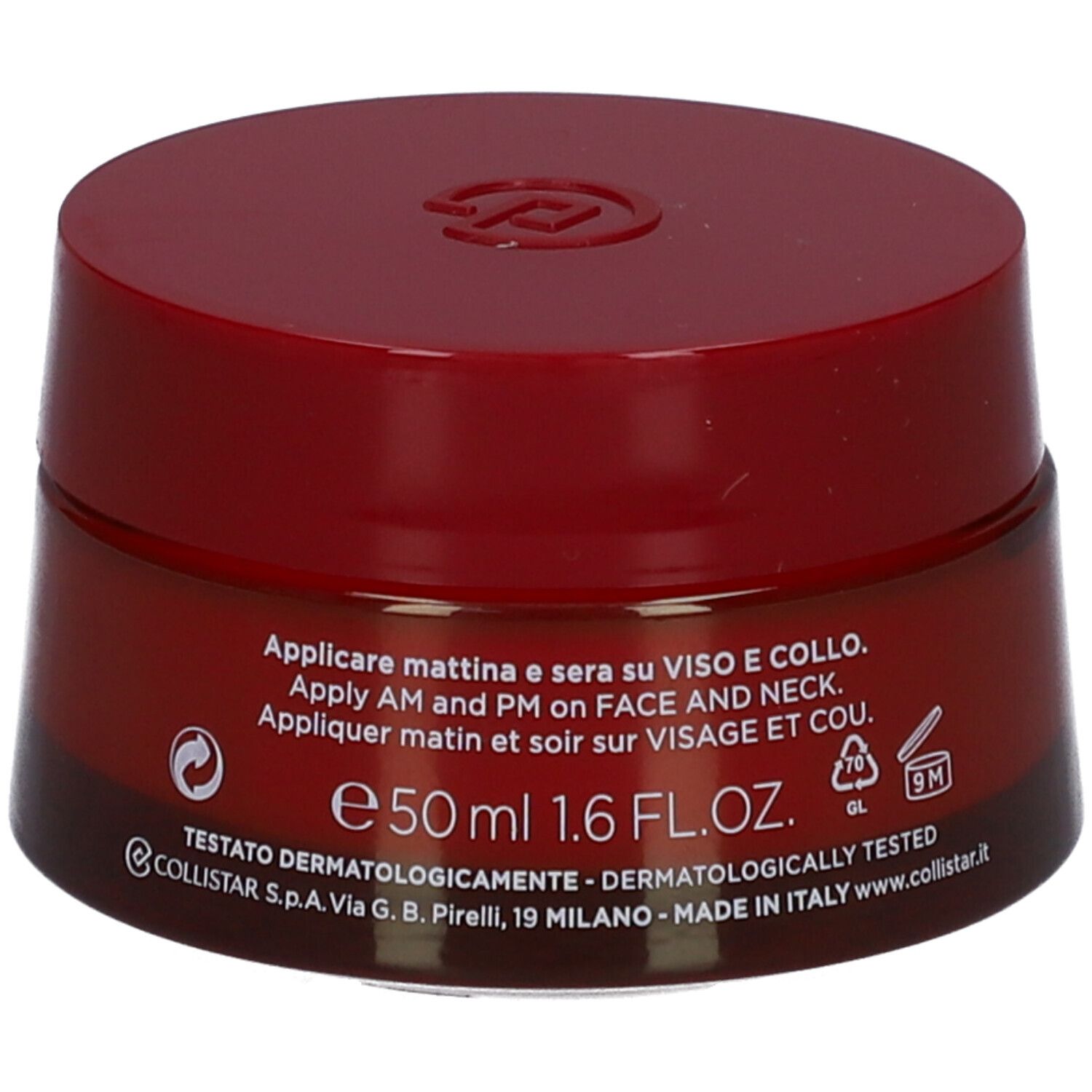 Vasetto rosso con coperchio. Scritta: Collistar, Lift HD+ Sculpt, Crème Liftant Remodelant. Testo sul retro.