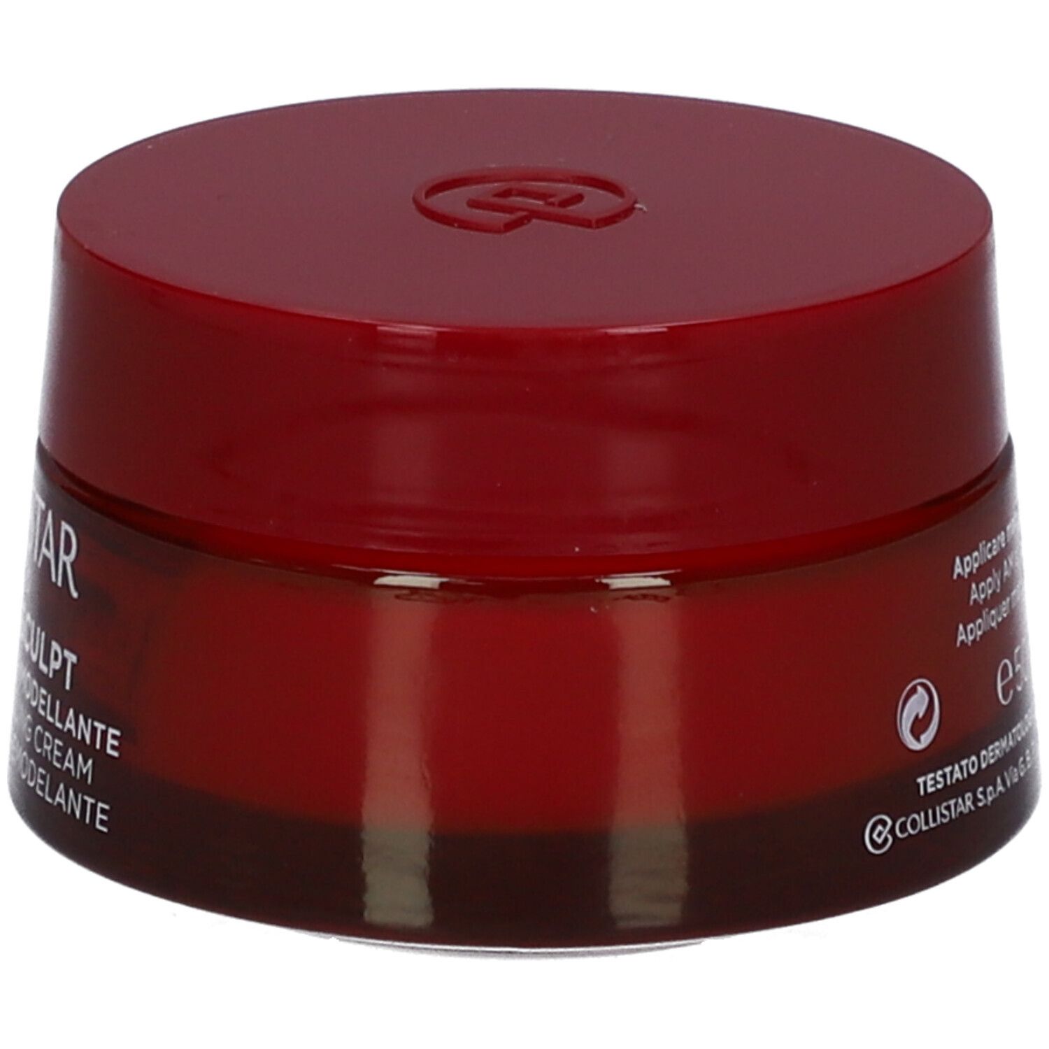 Vasetto rosso con coperchio. Scritta: Collistar, Lift HD+ Sculpt, Crème Liftant Remodelant. Testo sul retro.