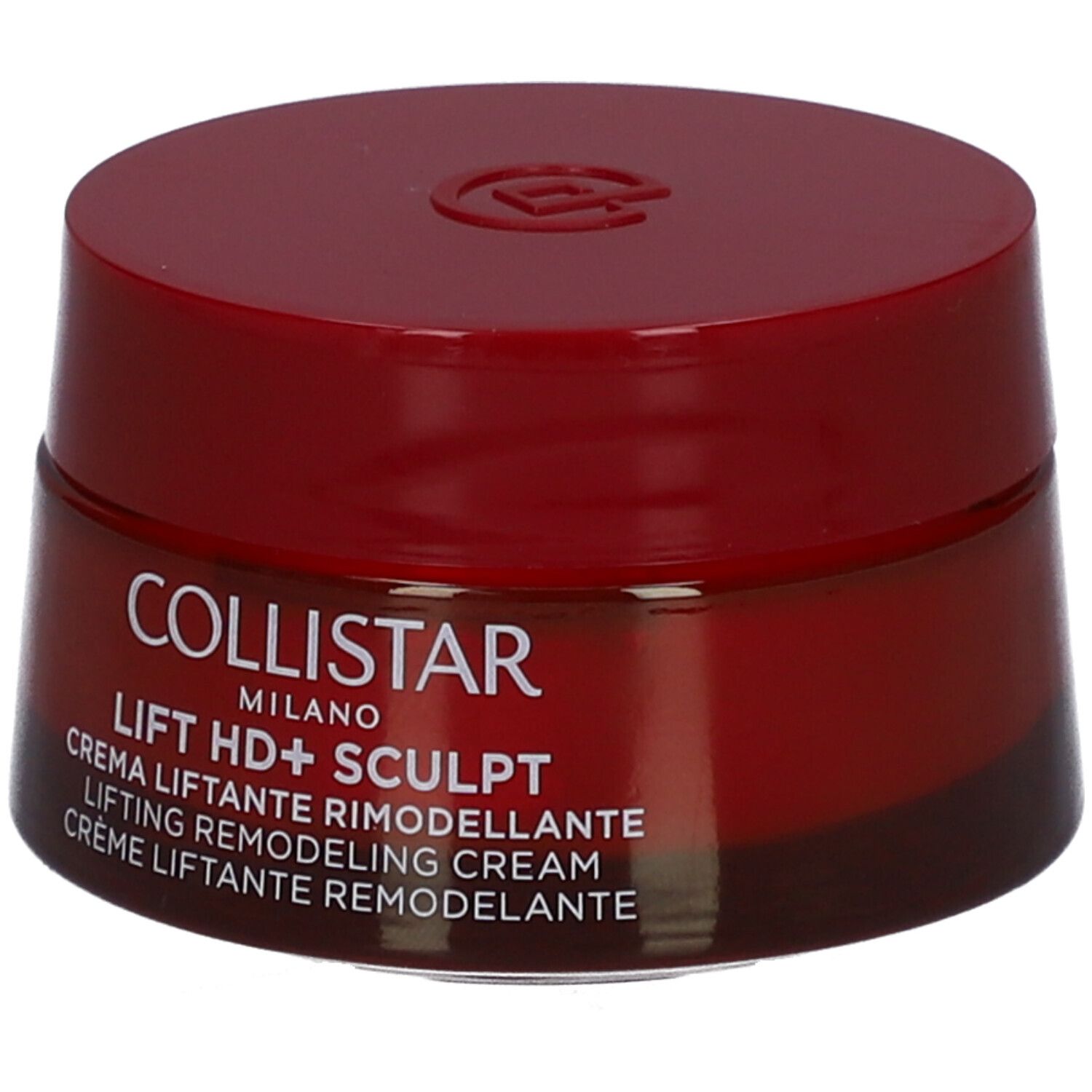 Vasetto rosso con coperchio. Scritta: Collistar Milano, Lift HD+ Sculpt, Crème Liftant Remodelant.