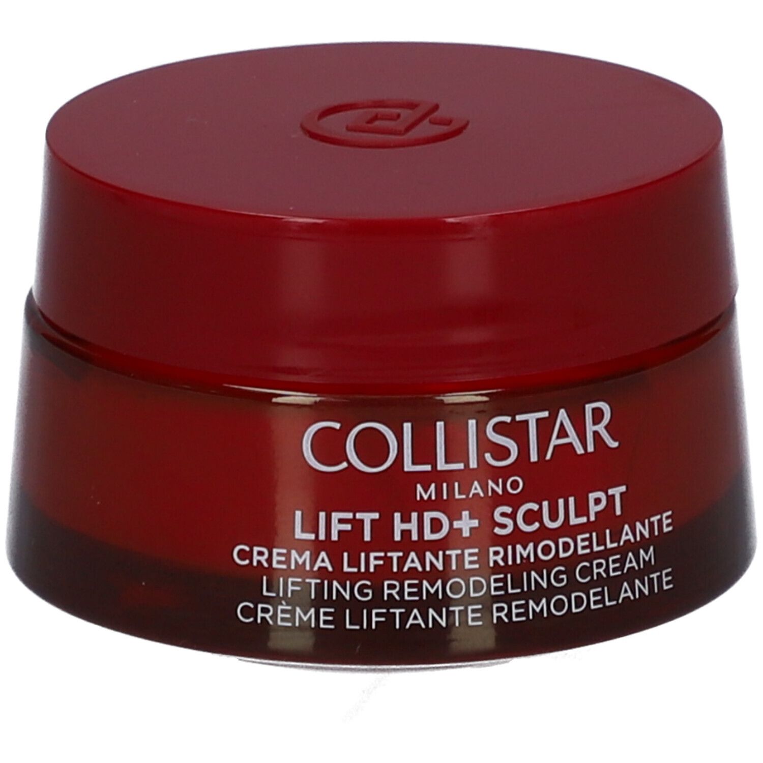 Vasetto rosso con coperchio. Scritta: Collistar Milano, Lift HD+ Sculpt, Crème Liftant Remodelant.