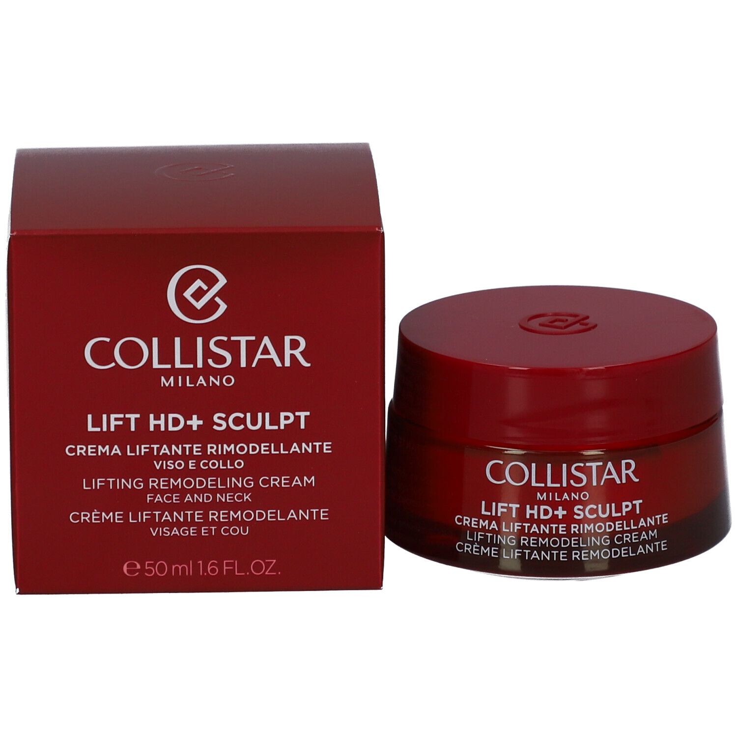 Vasetto e scatola rossi. Scritta: Collistar Milano, Lift HD+ Sculpt, Crème Liftant Remodelant. 50 ml.