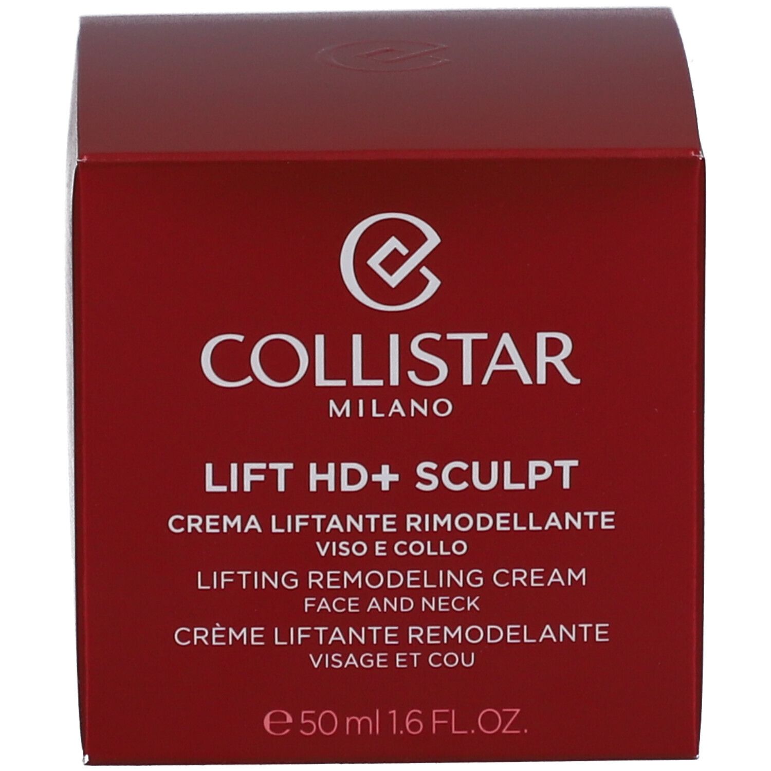 Scatola rossa. Scritta: Collistar Milano, Lift HD+ Sculpt, Crème Liftant Remodelant. 50 ml.
