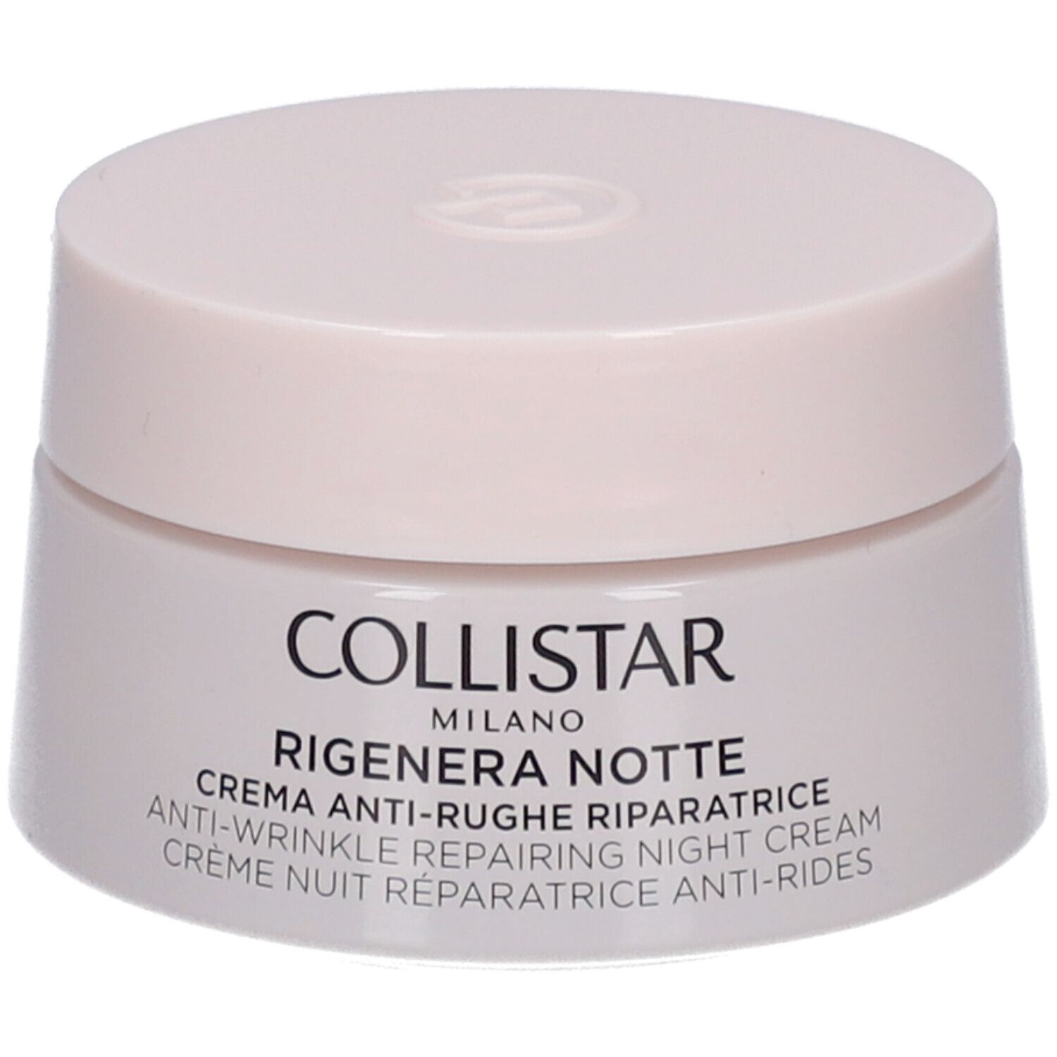 Vaso di crema con coperchio. Scritta: COLLISTAR MILANO, RIGENERA NOTTE, crema notte riparatrice anti-rughe.