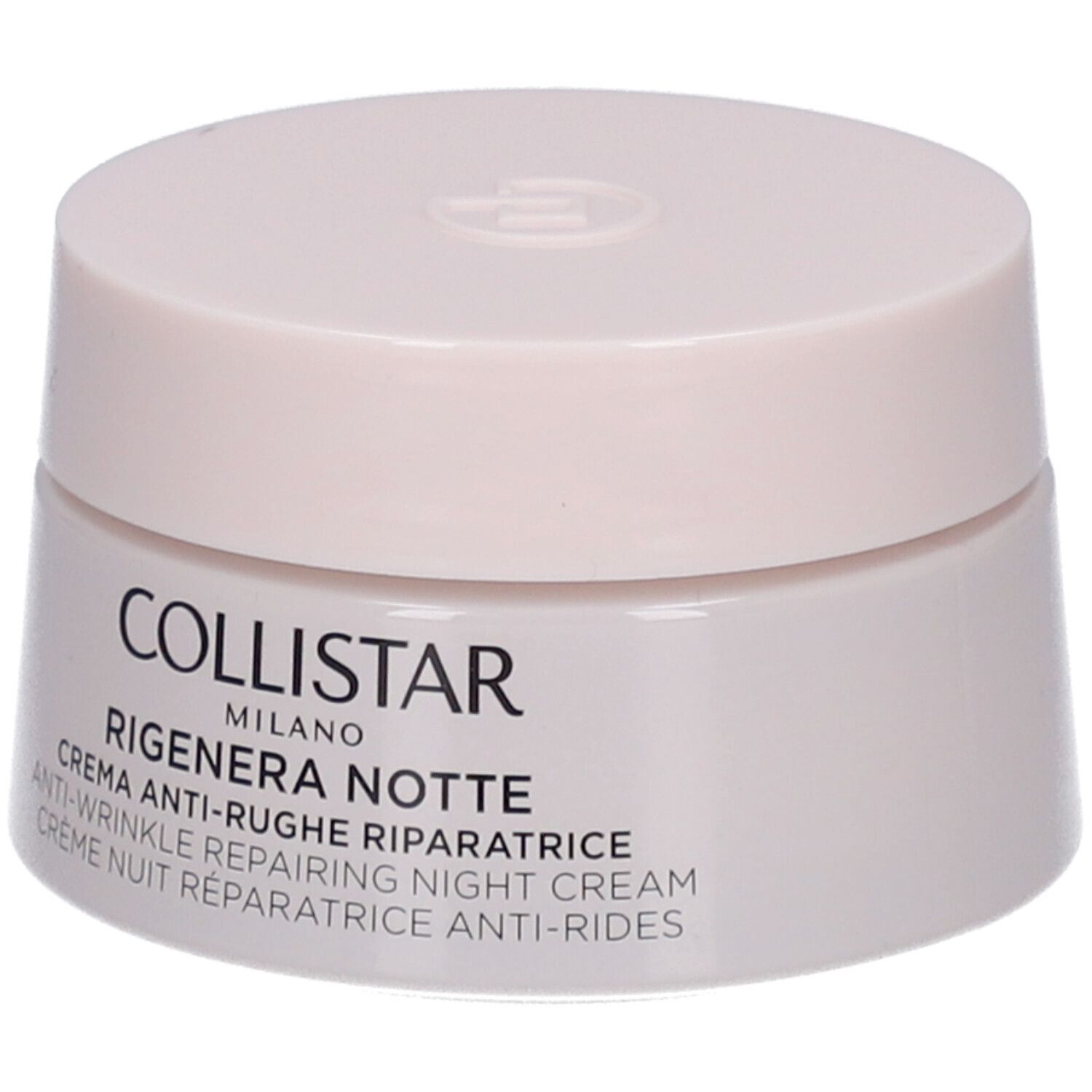 Vaso di crema con coperchio. Scritta: COLLISTAR MILANO, RIGENERA NOTTE, crema notte riparatrice anti-rughe.