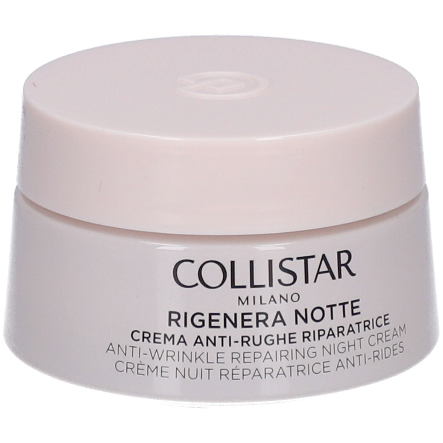 Vaso di crema con coperchio. Scritta: COLLISTAR MILANO, RIGENERA NOTTE, crema notte riparatrice anti-rughe.