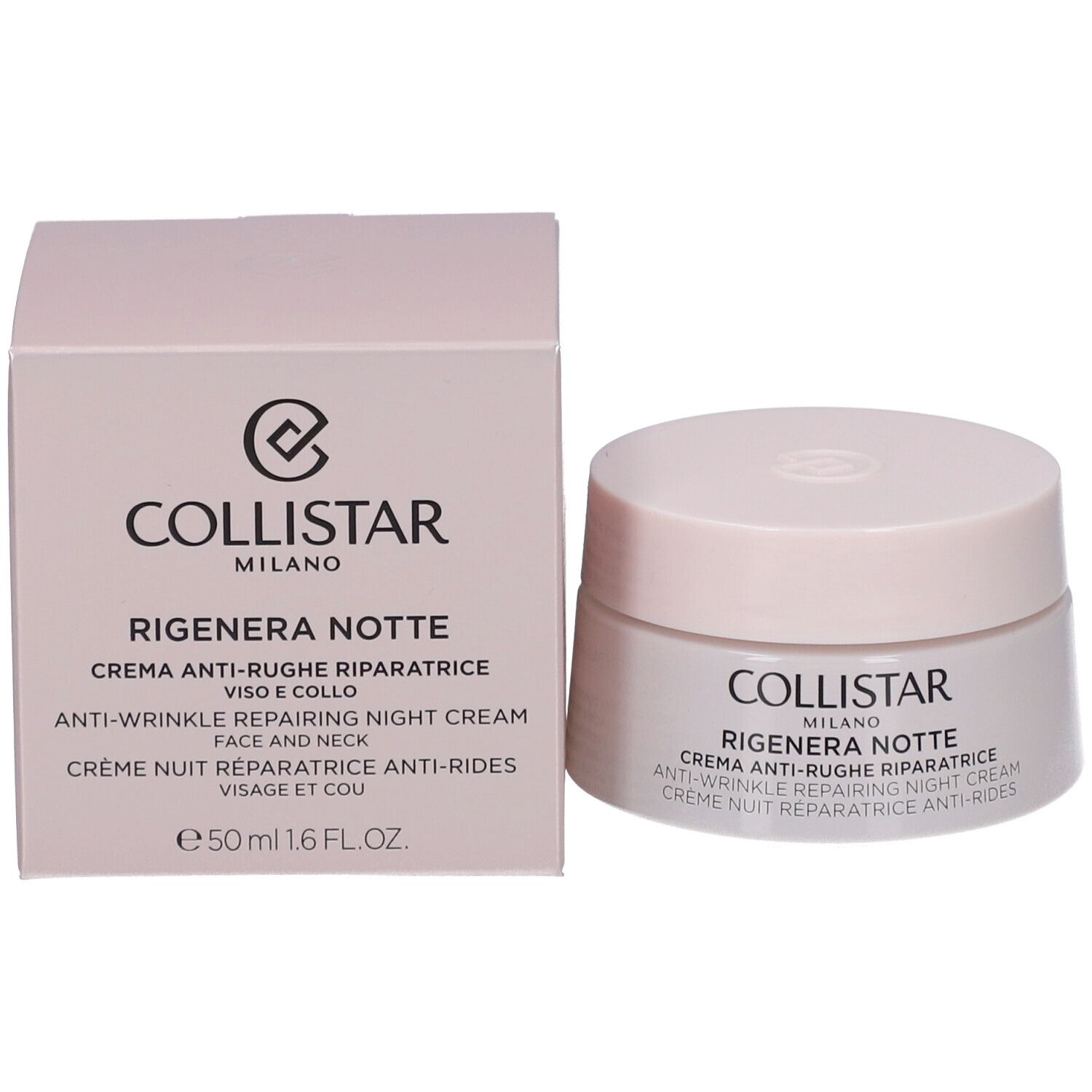 Vaso di crema e scatola. Scritta: COLLISTAR, RIGENERA NOTTE, crema notte riparatrice anti-rughe. 50 ml.