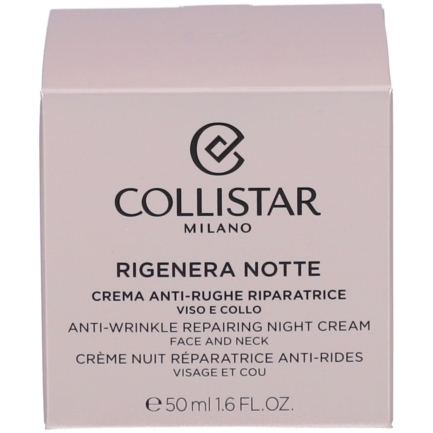 Scatola. Scritta: COLLISTAR, RIGENERA NOTTE, crema notte riparatrice anti-rughe. 50 ml.