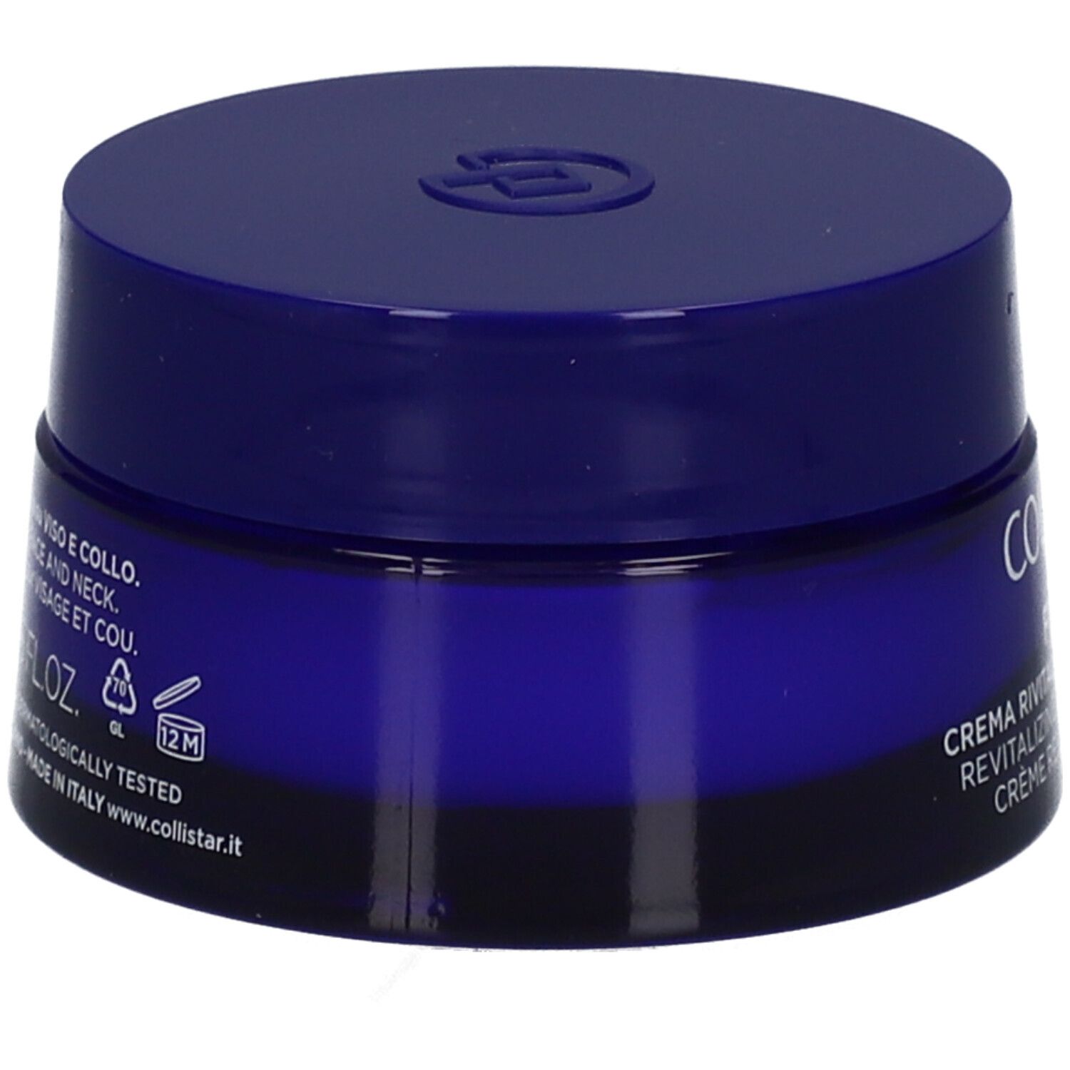 Vaso di crema blu scuro. Scritta: Collistar, Crema Revitalizzante Illuminante. Testo in italiano.