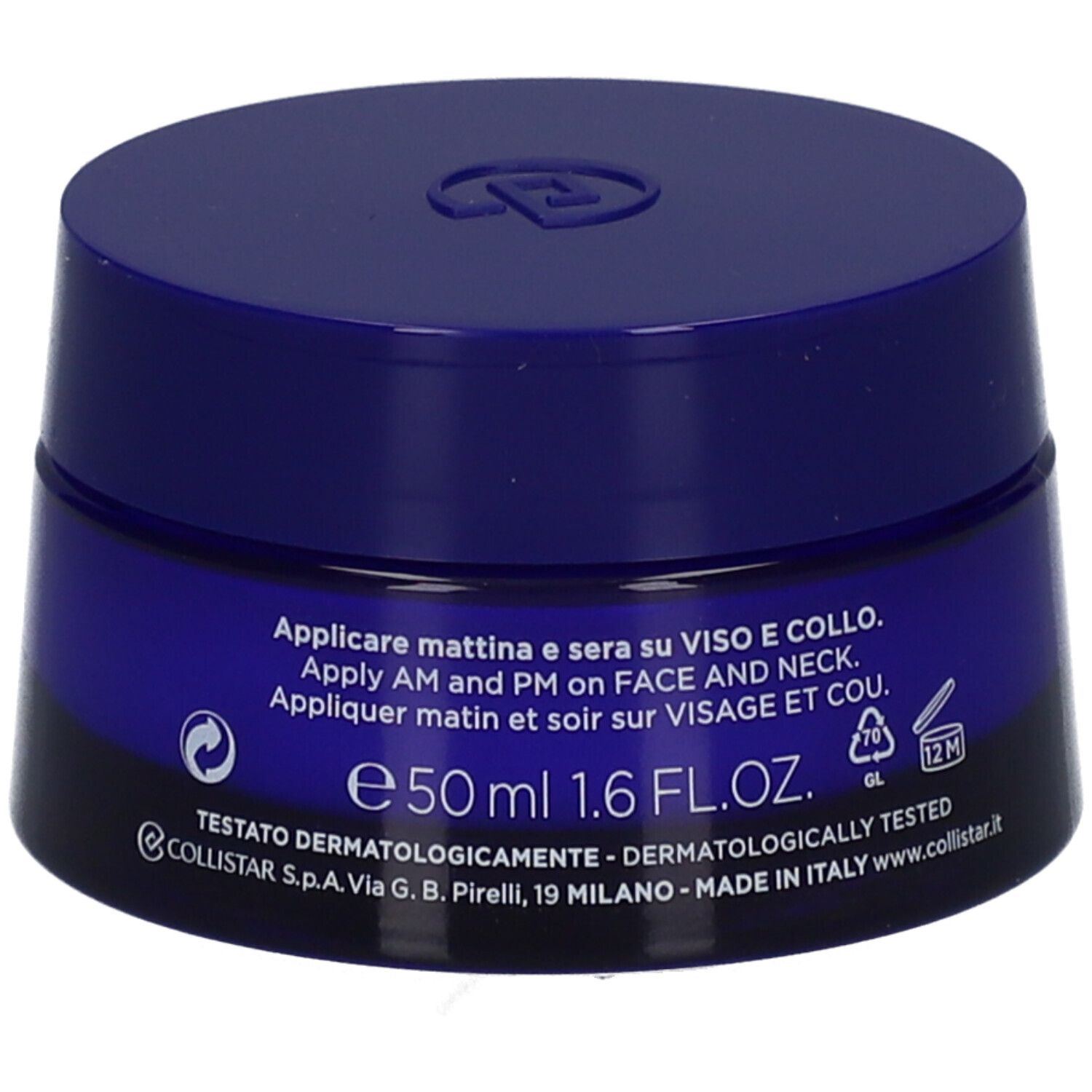 Vaso di crema blu scuro. Scritta: 50 ml 1.6 FL.OZ. Testo in italiano e francese.