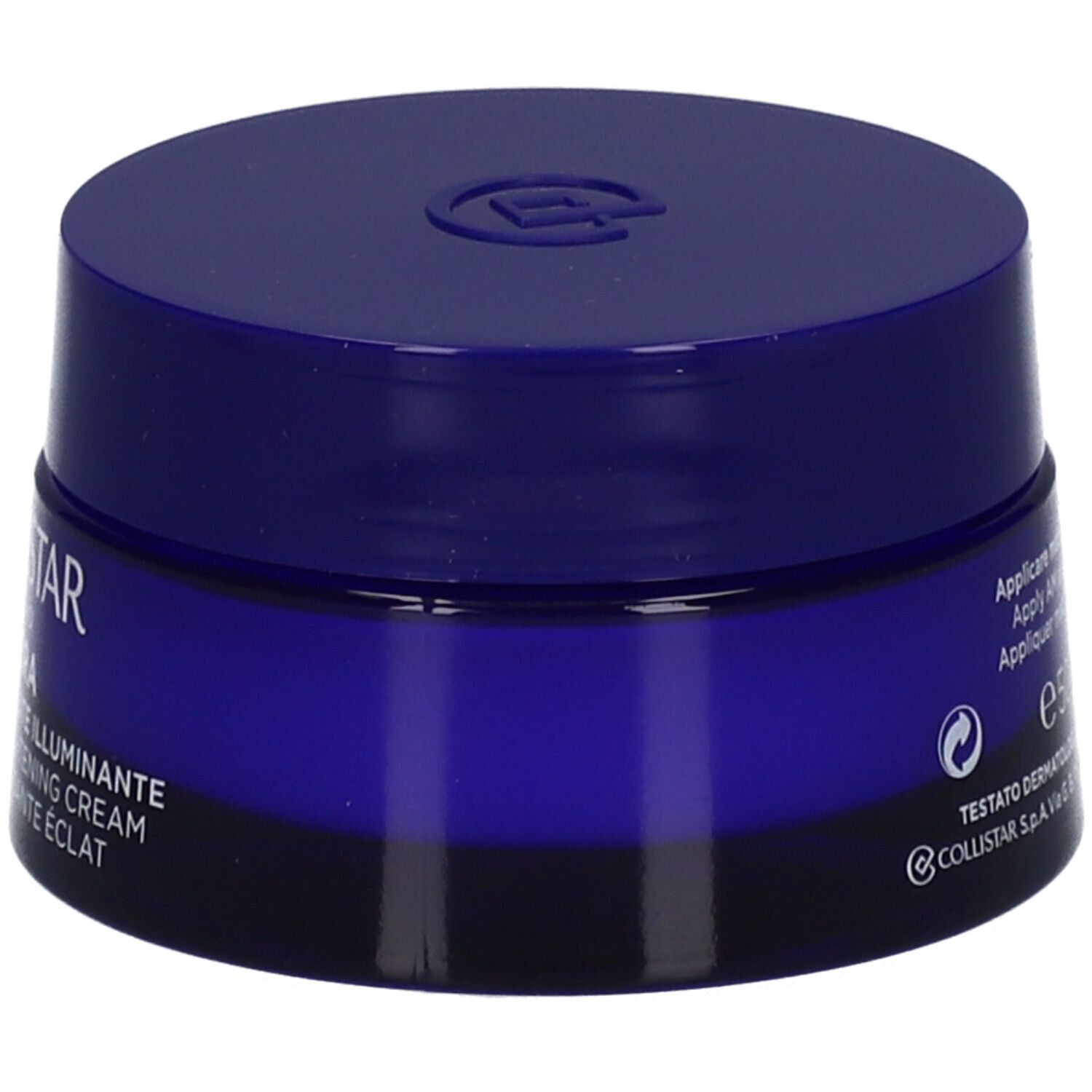 Vaso di crema blu scuro. Scritta: Collistar, Crema Revitalisante Éclat. Testo in italiano.
