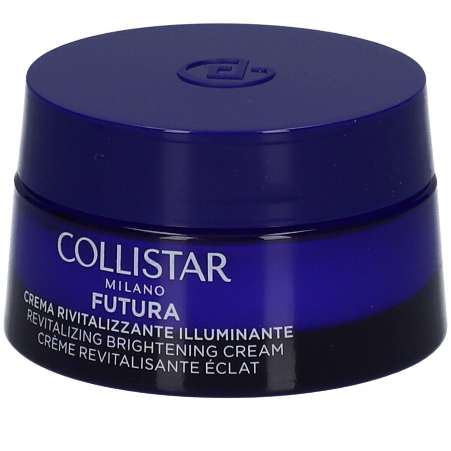 Vaso di crema blu scuro con coperchio. Scritta: Collistar, Futura, Crema Revitalizzante Illuminante.