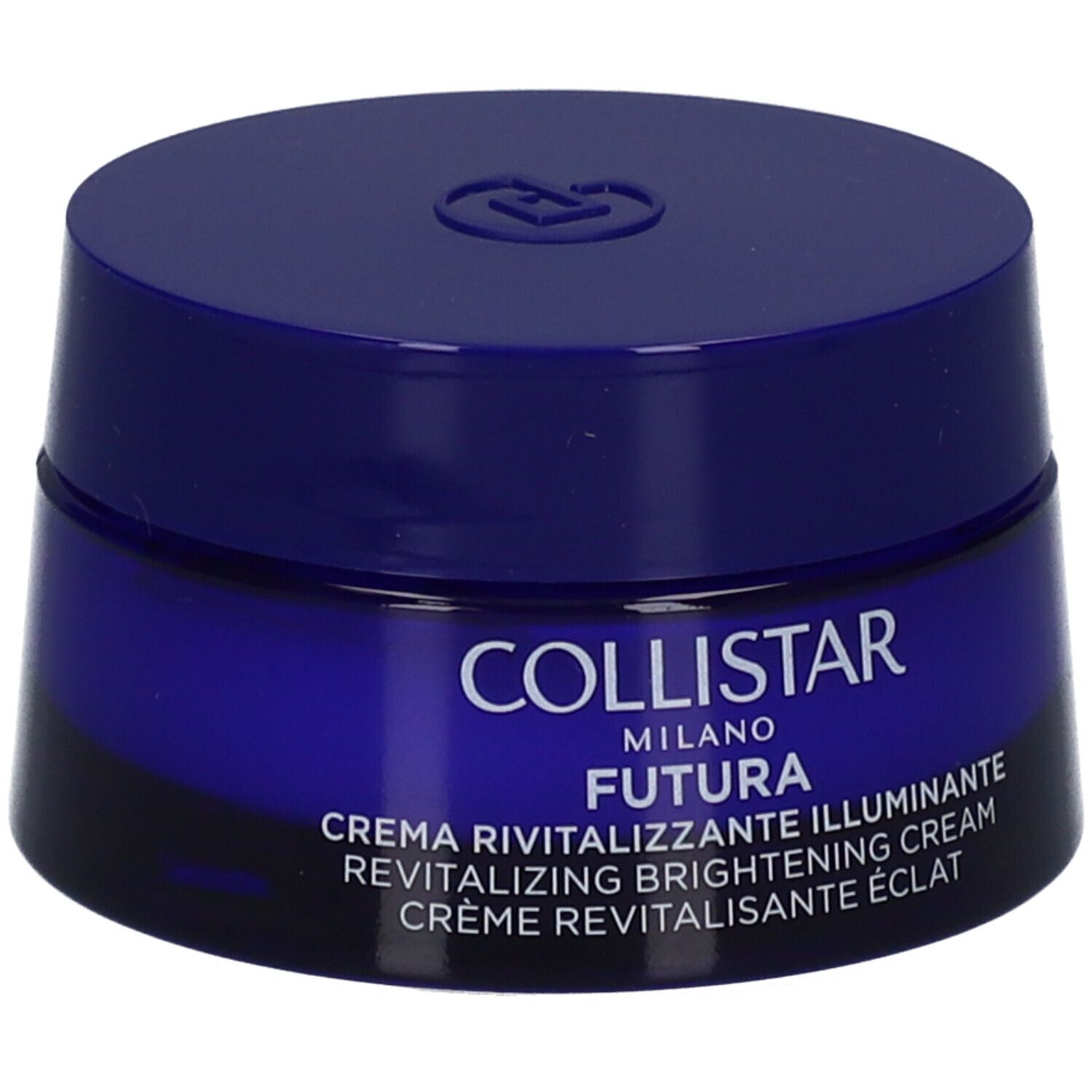 Vaso di crema blu scuro con coperchio. Scritta: Collistar, Futura, Crema Revitalizzante Illuminante.