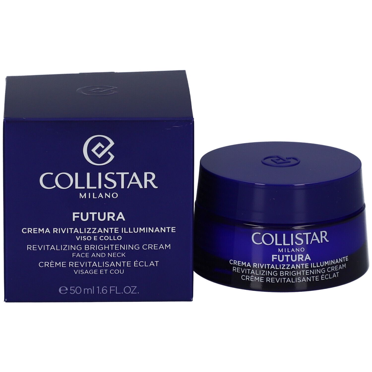 Vaso di crema blu scuro e scatola. Scritta: Collistar, Futura, Crema Revitalizzante Illuminante. 50 ml.