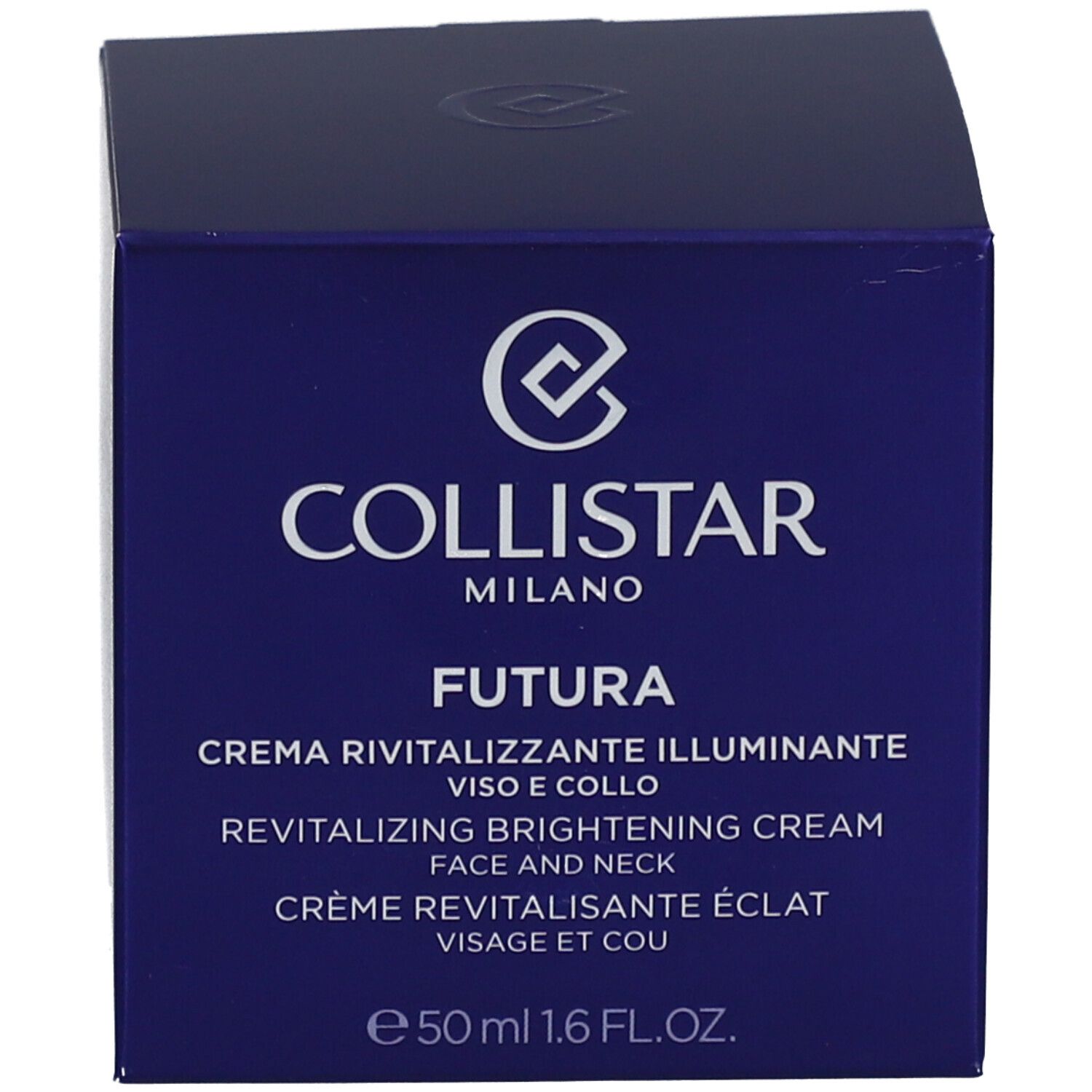 Scatola blu scuro. Scritta: Collistar, Futura, Crema Revitalizzante Illuminante. 50 ml.