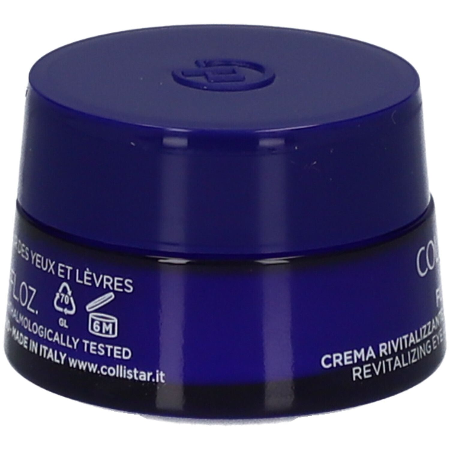 Vasetto blu con coperchio. Scritta: Collistar, Crema rivitalizzante contorno occhi e labbra. 6M.