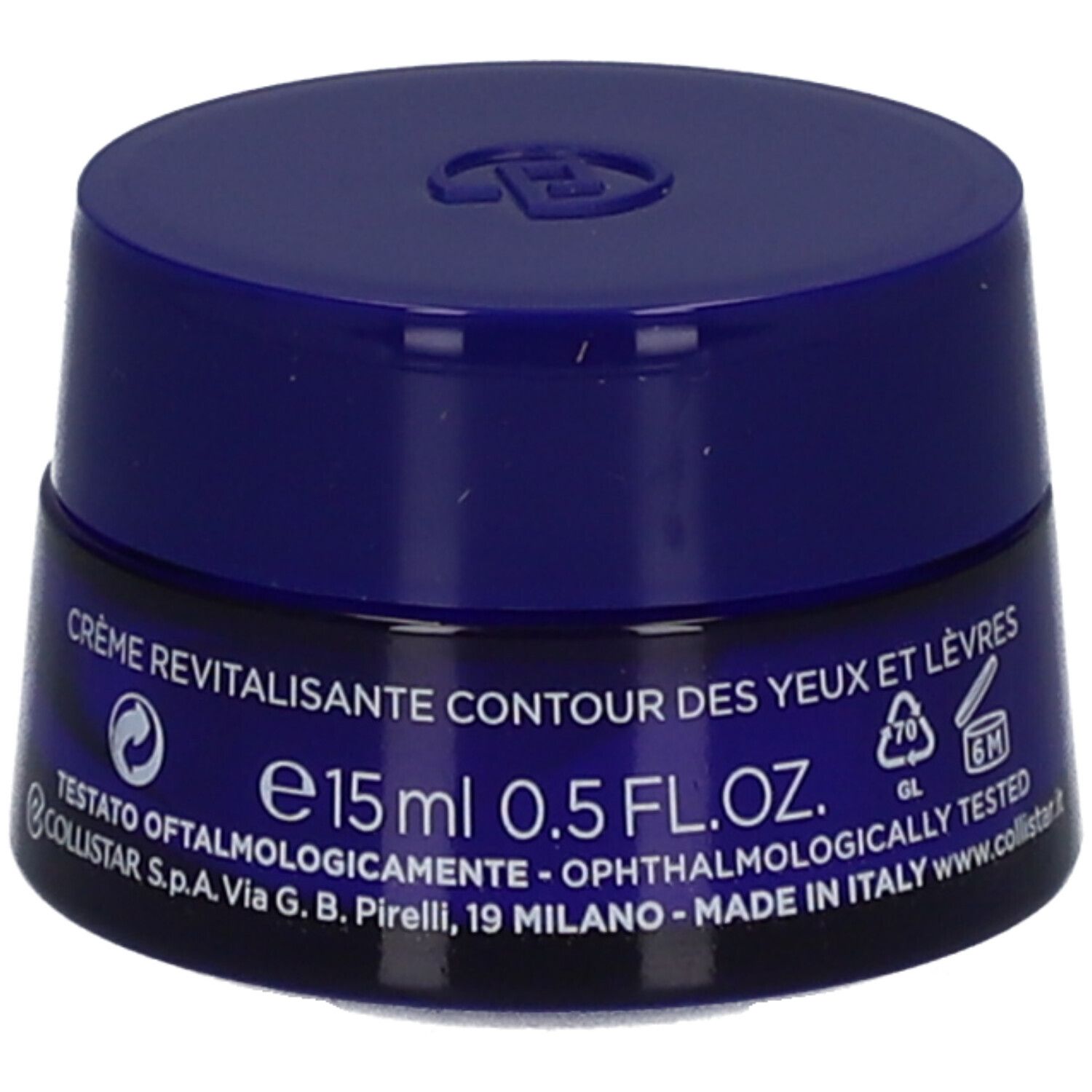 Vasetto blu con coperchio. Scritta: Crema rivitalizzante contorno occhi e labbra. 15ml 0.5 FL.OZ. 6M.