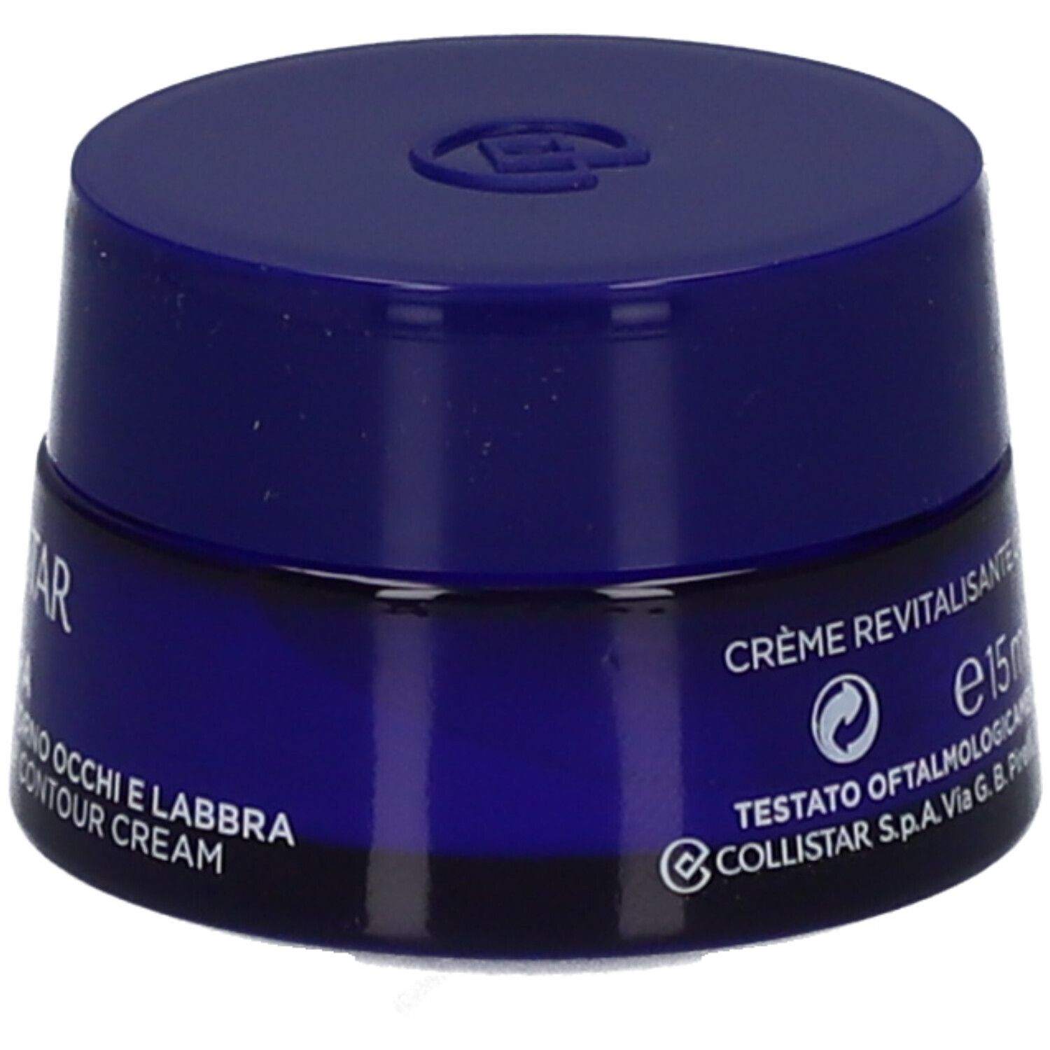 Vasetto blu con coperchio. Scritta: Crema rivitalizzante contorno occhi e labbra. 15ml 0.5 FL.OZ. 6M.