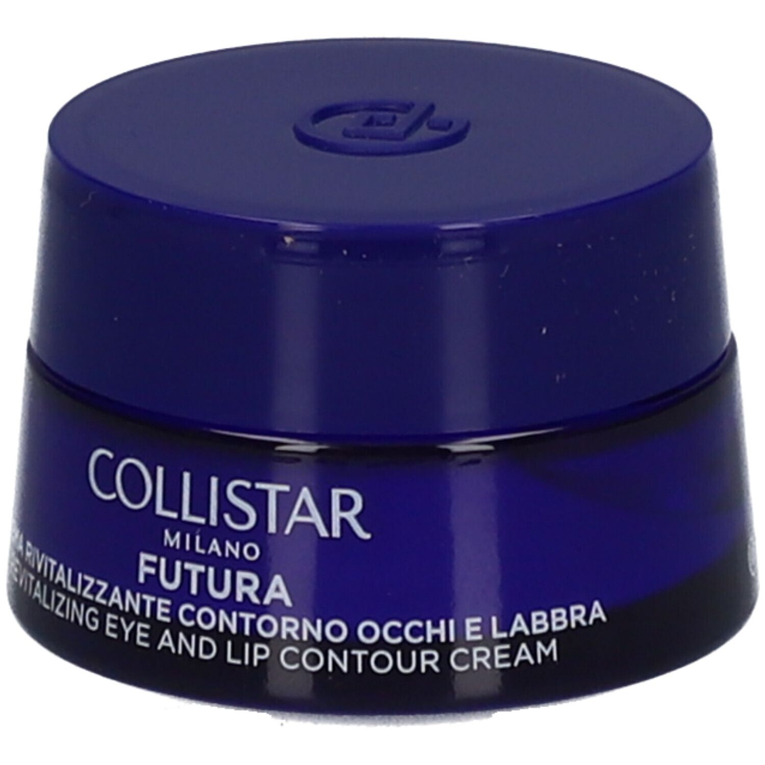 Vasetto blu con coperchio. Scritta: Collistar Milano, Futura, Revitalizing Eye and Lip Contour Cream.