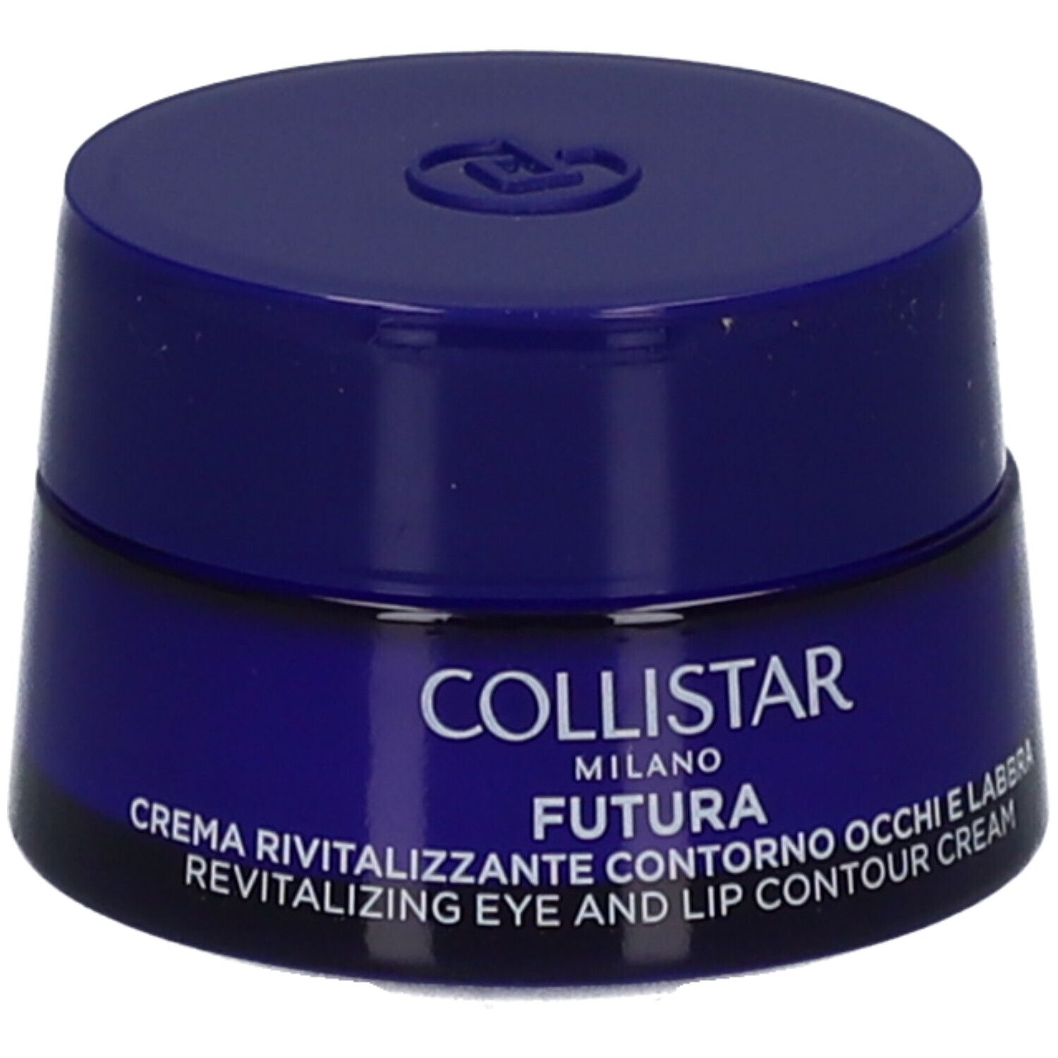 Vasetto blu con coperchio. Scritta: Collistar Milano, Futura, Revitalizing Eye and Lip Contour Cream.