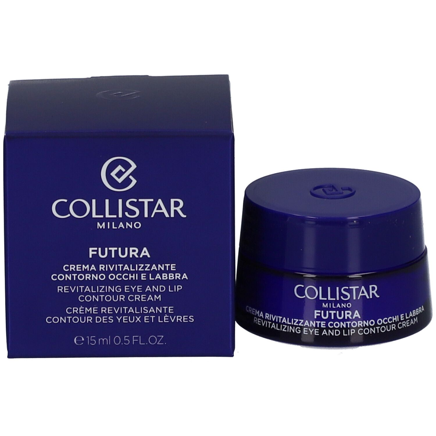 Vasetto e scatola blu. Scritta: Collistar Milano, Futura, Revitalizing Eye and Lip Contour Cream.