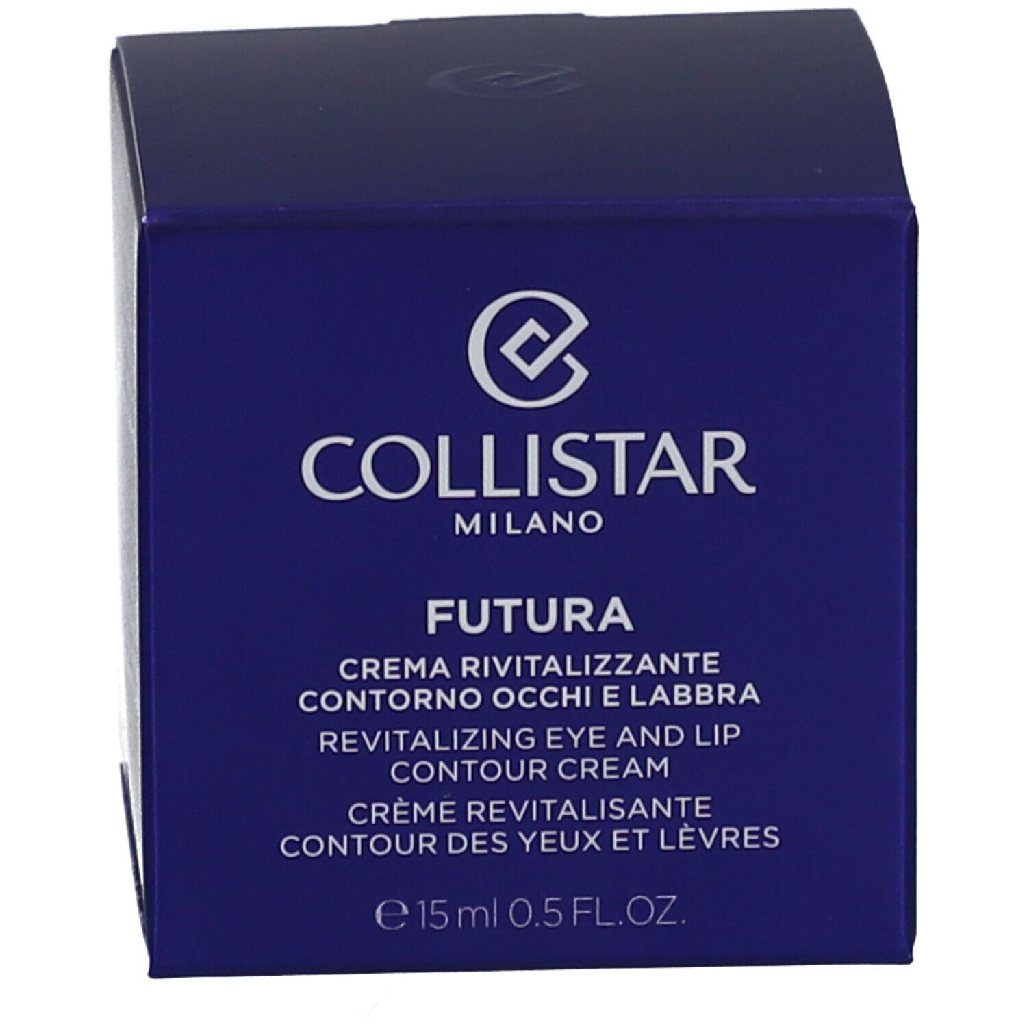 Scatola blu. Scritta: Collistar Milano, Futura, Revitalizing Eye and Lip Contour Cream. 15ml 0.5 FL.OZ.
