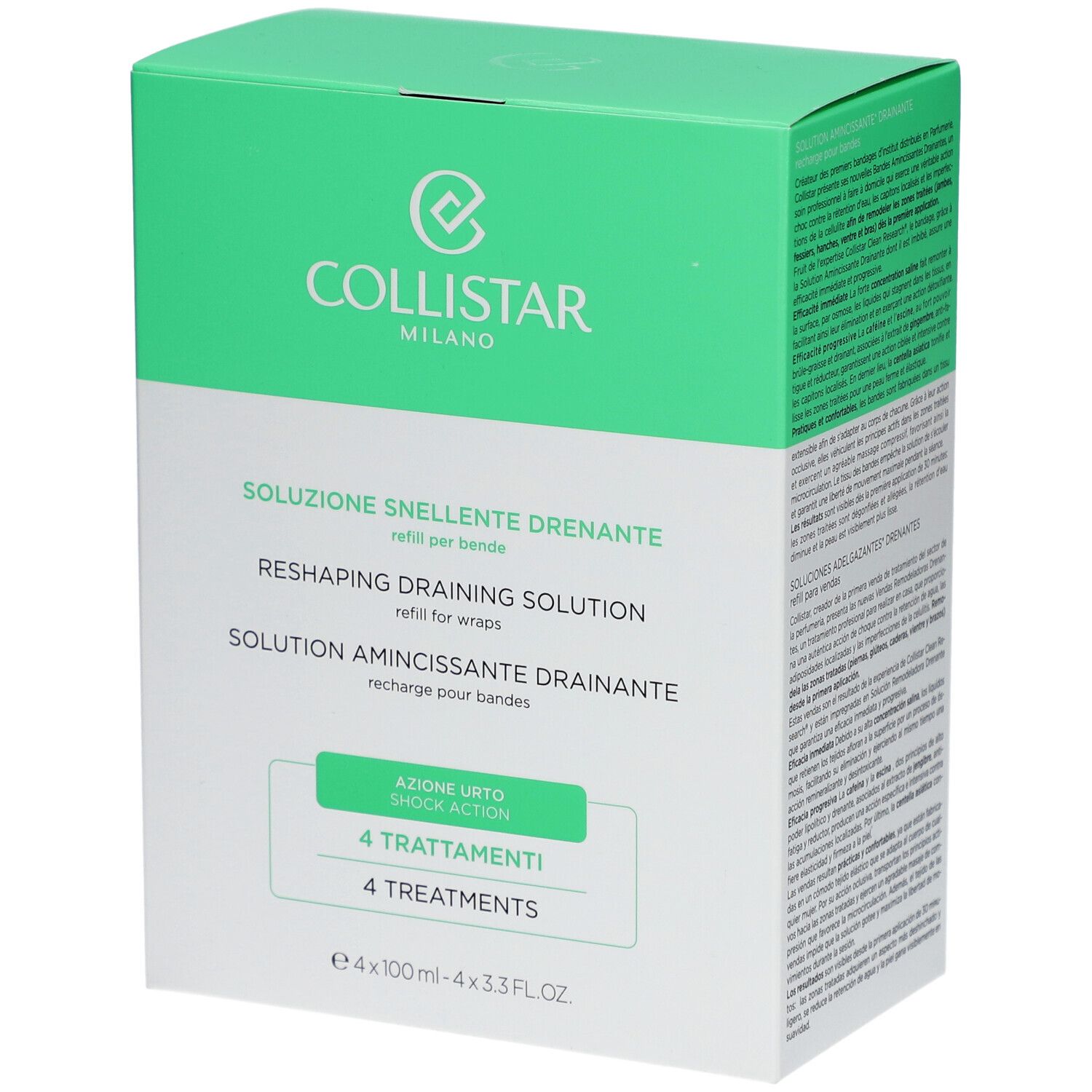 Scatola verde e bianca. Contiene 4 trattamenti. Marchio: Collistar Milano. Prodotto: Solution Amincissante Drainante.