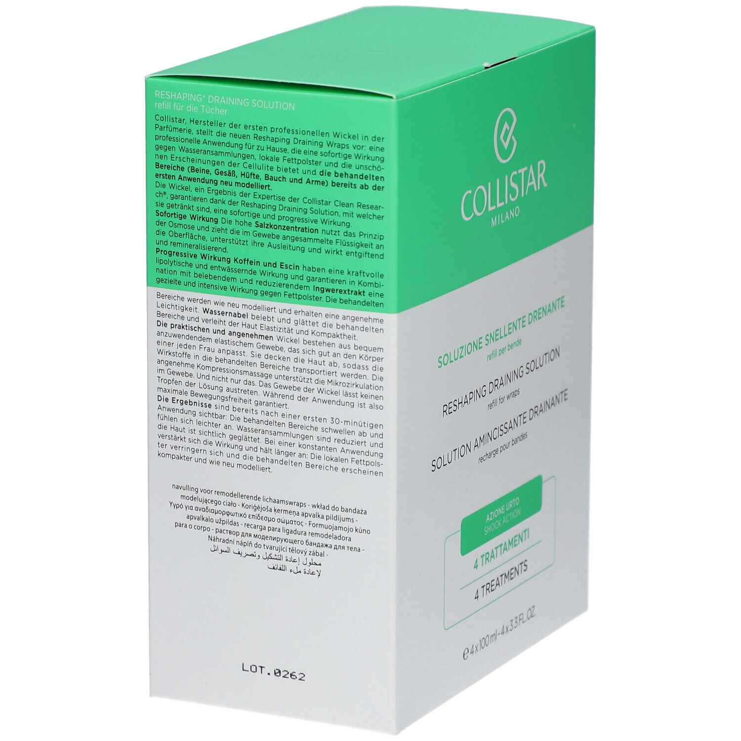 Scatola verde e bianca. Testo multilingue. Marchio: Collistar Milano. Prodotto: Solution Amincissante Drainante.