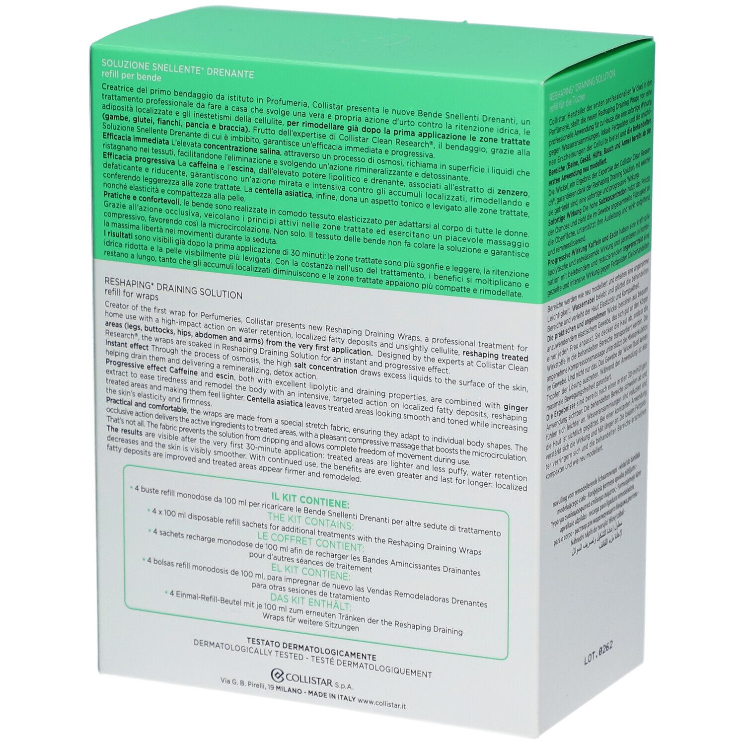 Scatola verde e bianca. Testo multilingue. Marchio: Collistar Milano. Prodotto: Solution Amincissante Drainante.