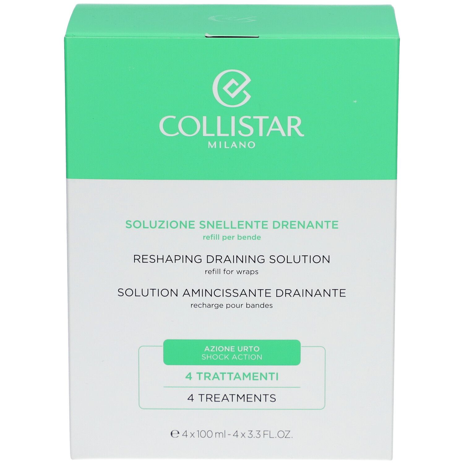 Scatola verde e bianca. Contiene 4 trattamenti. Marchio: Collistar Milano. Prodotto: Solution Amincissante Drainante.