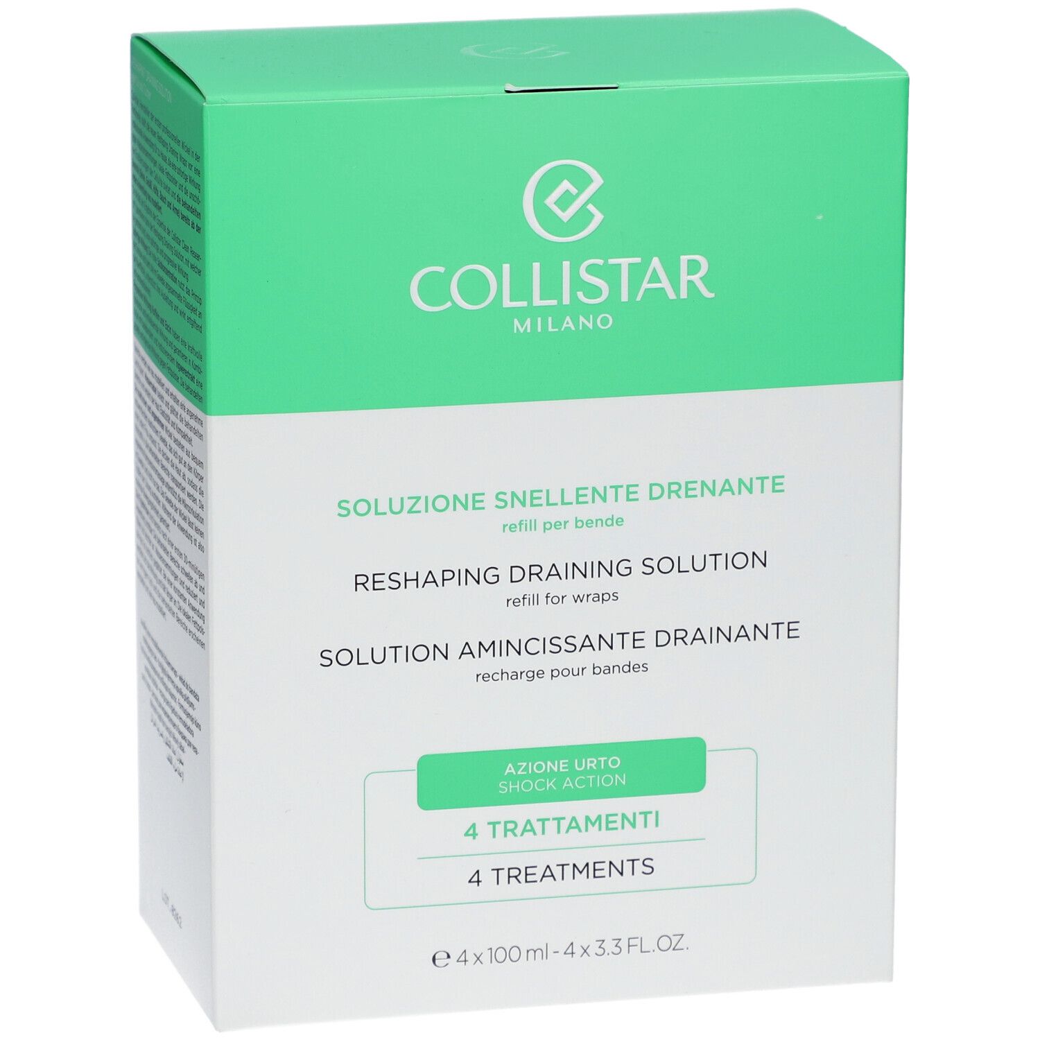 Scatola verde e bianca. Contiene 4 trattamenti. Marchio: Collistar Milano. Prodotto: Solution Amincissante Drainante.