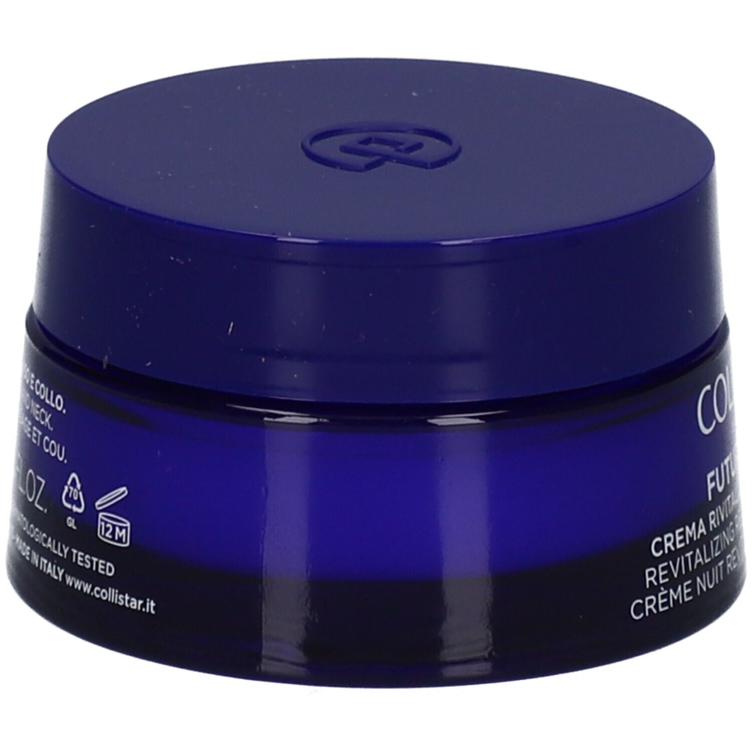 Vaso di crema blu scuro. Scritta: COLLISTAR. Testo: CREMA RIVITALIZZANTE RIPARATRICE. Simbolo 12M.